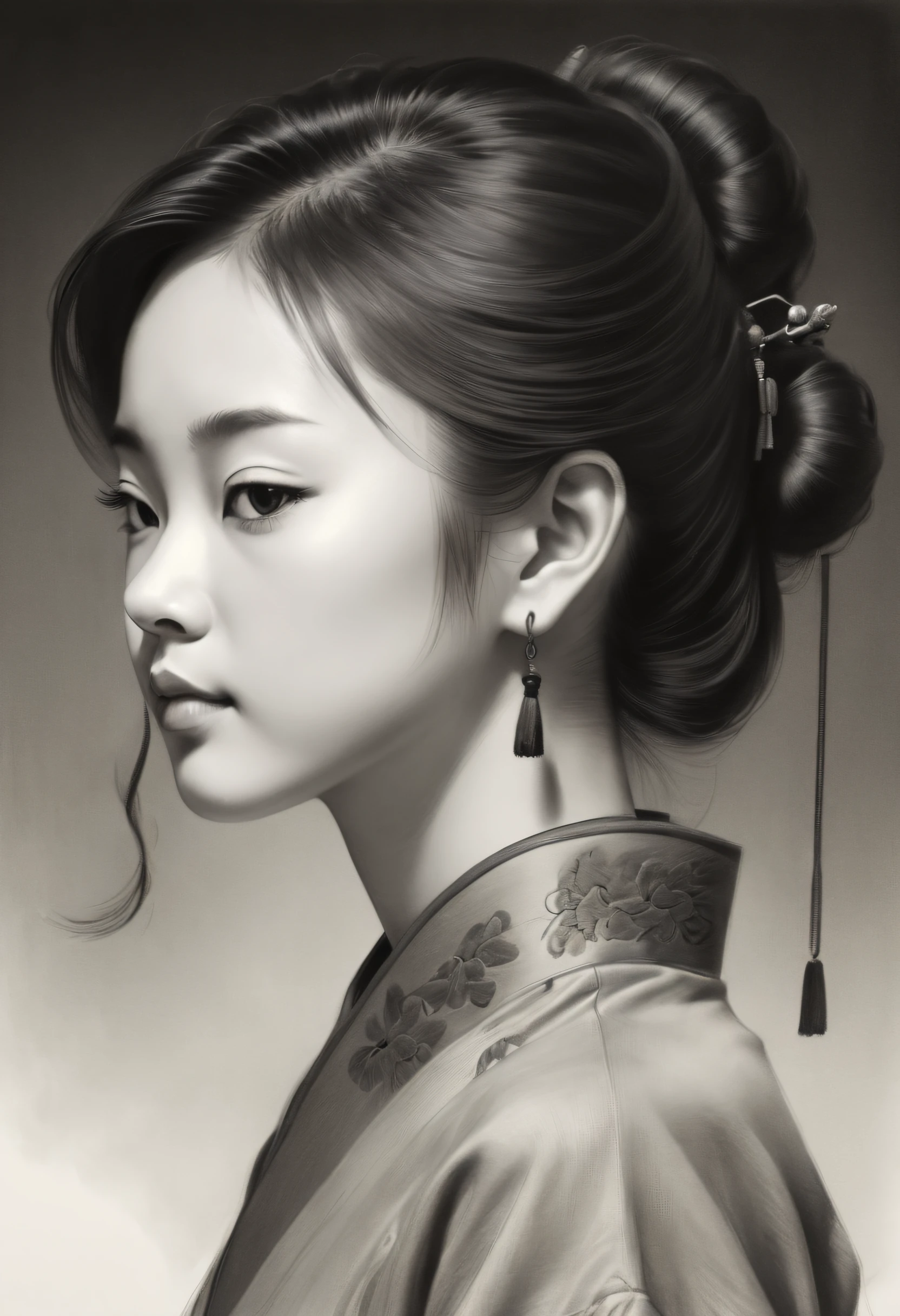 ,(Portrait,Character) 's (Chinese girl:1.1),(Side view:1.1),Portrait in (Classic charcoal style:1.2) with (Fine, detailedshadows:1.1),