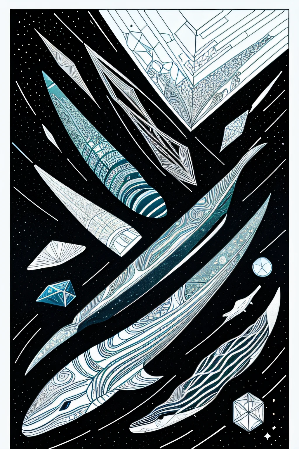 Multiple geometric elements combine graphic and colorful images,There is a sense of flow,pen and ink on paper,A sea of whales made up of geometric figures,The graphics are full and rich,Sense of space