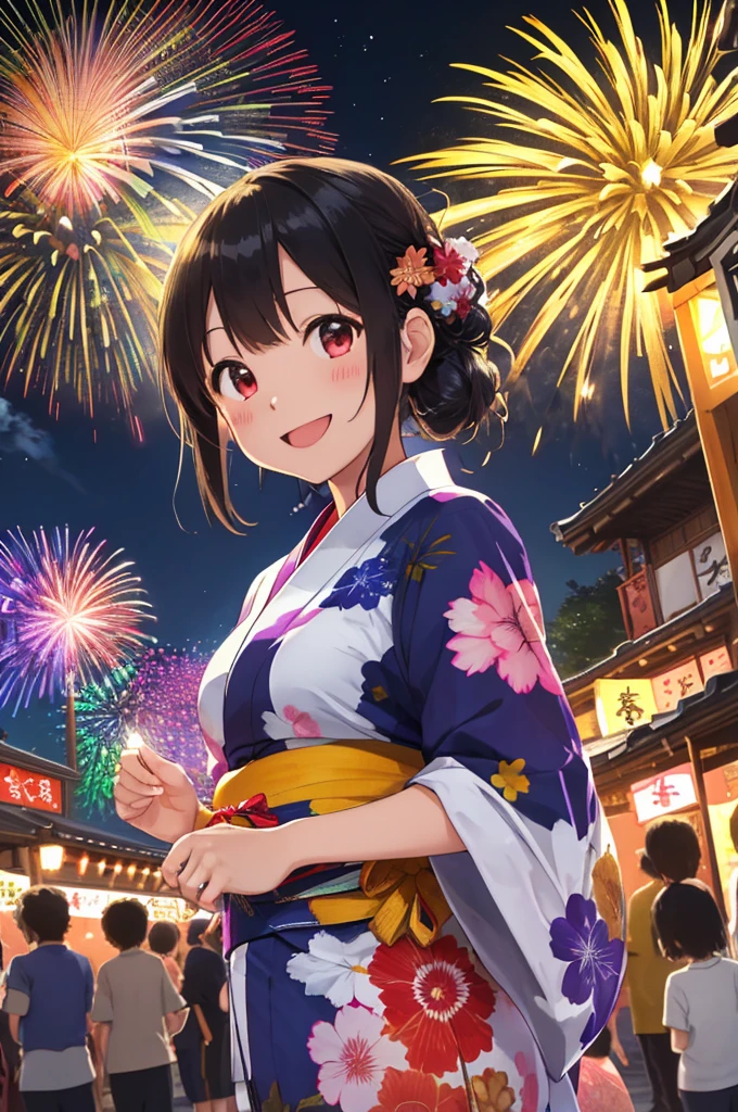 Yukata, Summer festival, Childhood friends, Food stalls, Lanterns, Fireworks, Smiles, Festive, Lights, Bright colors, Props, Fluorescent bandanas, Shrine grounds, Night sky, Summer fireworks, Bustling, Toys, Yukata patterns, Setting, Vivid, Beautiful, Enjoying, Friendship, Joy, Festival ambiance, Moment, Childhood friends in yukata, Summer night, Colorful, Fun moment, Smiles shining