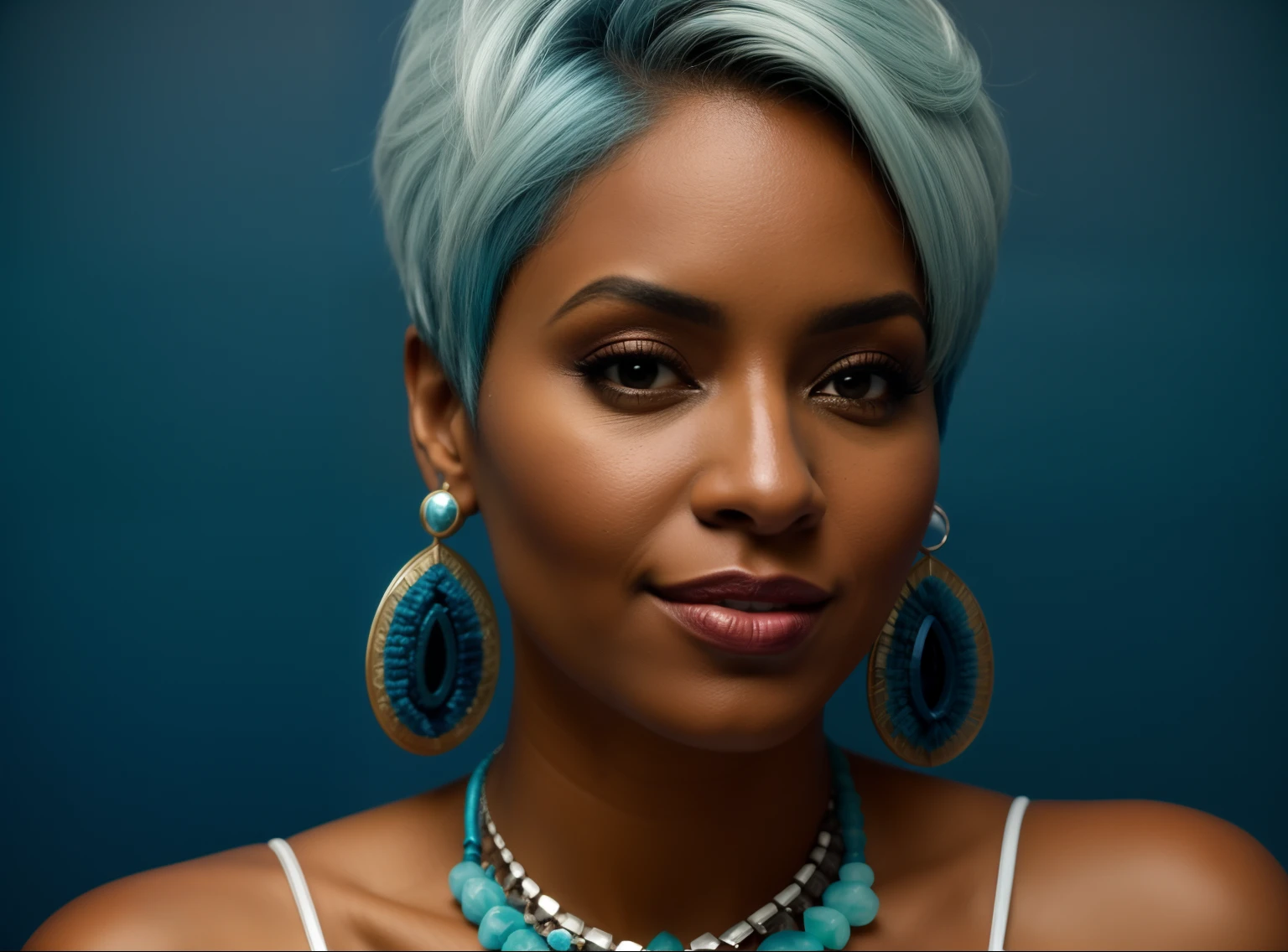 There's a woman with very short hair and a necklace, usando cabelos prateados, Retrato de Ororo Munroe, senhora de cabelos brancos, cabelos prateados curtos, do cabelo prateado, cabelos prateados, Lindsay Adler, cabelos prateados, mulher de cabelo azul curto, foto de perfil headshot, inspired by Ivan Mrkvička, prata reluzente, Parece Fabiula Nascimento