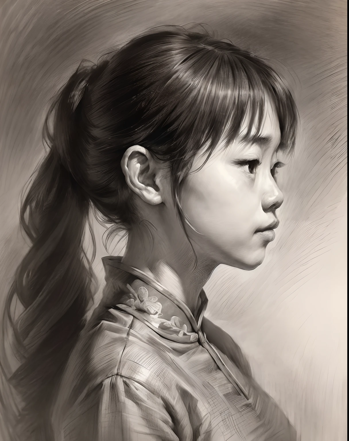 (A high resolution,Best quality,Realistic),(Portrait,Character) 's (Chinese girl:1.1),(Side view:1.1),Portrait in (Classic charcoal style:1.2) with (Fine, detailedshadows:1.1),The image is (Exceptional quality:1.2), with (清晰's线条:1.1) and (Subtle tones:1.1) Create an (true to life:1.37) . the lighting is subdued， (Natural:1.1), Emphasize the contours of his face，adding depth to the overall composition.This artwork captures the beauty and elegance of a Chinese teenage girl,