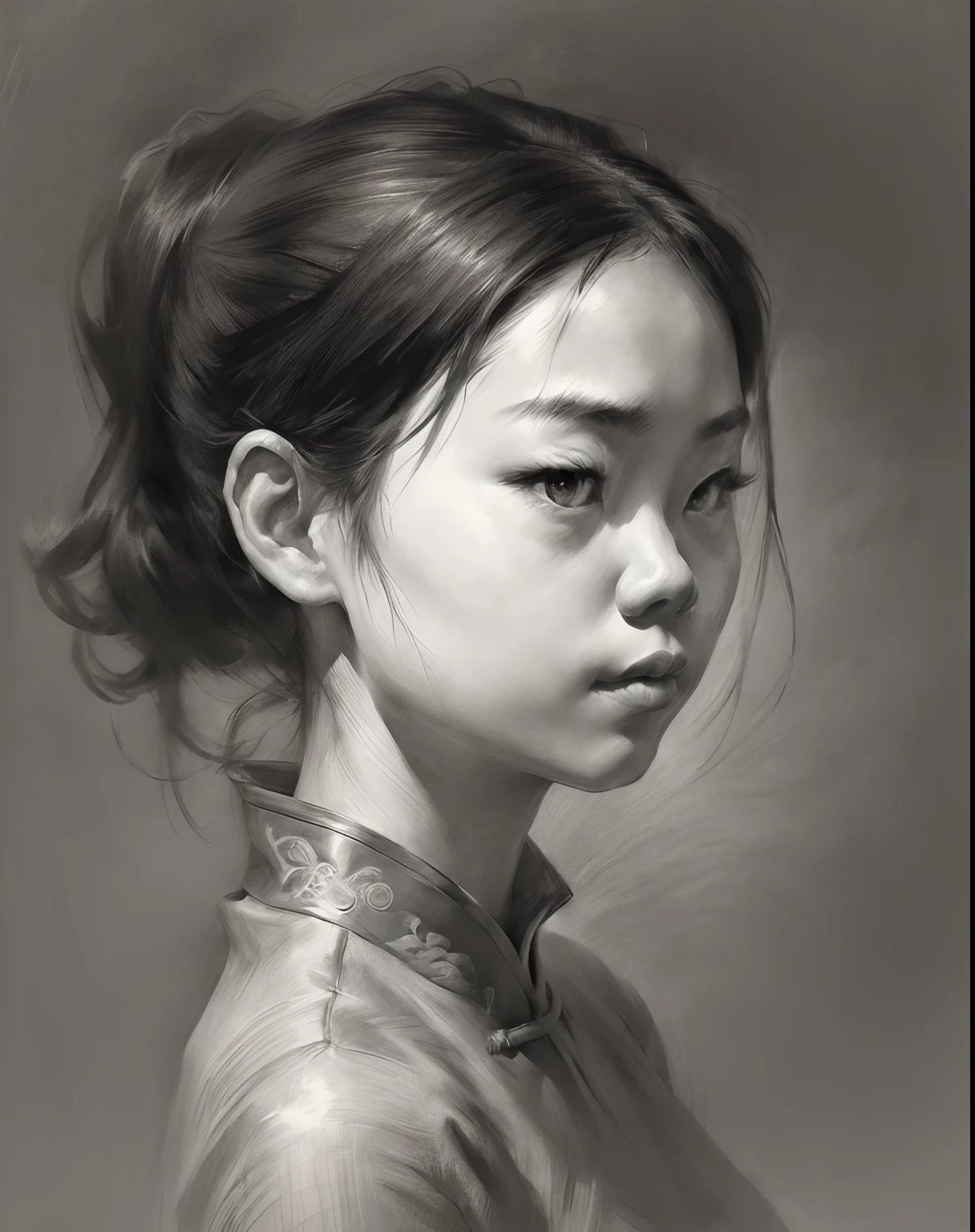 (A high resolution,Best quality,Realistic),(Portrait,Character) 's (Chinese girl:1.1),(Side view:1.1),Portrait in (Classic charcoal style:1.2) with (Fine, detailedshadows:1.1),The image is (Exceptional quality:1.2), with (清晰's线条:1.1) and (Subtle tones:1.1) Create an (true to life:1.37) . the lighting is subdued， (Natural:1.1), Emphasize the contours of his face，adding depth to the overall composition.This artwork captures the beauty and elegance of a Chinese teenage girl,