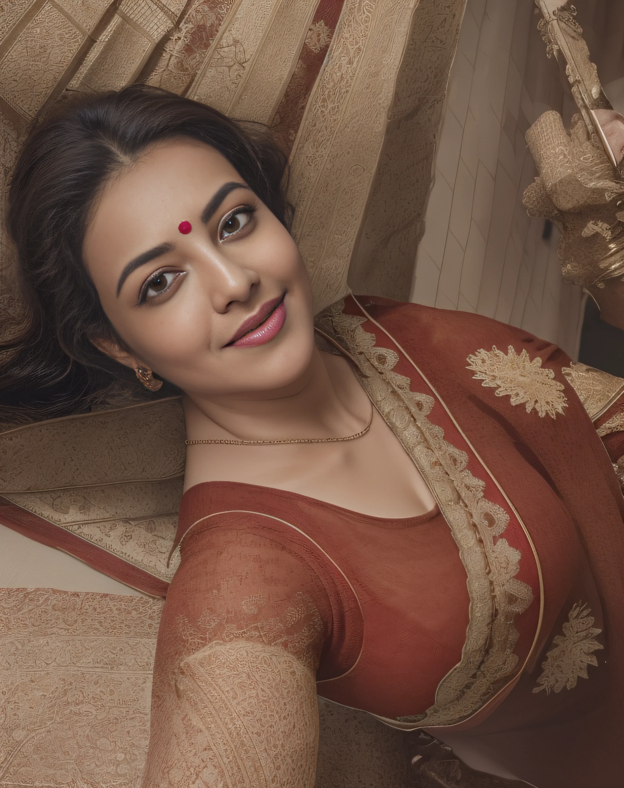 Day scene, close up photo of a sexy kajal as maid, cleaning floor in a palace, big cheeks, curvy, super stylish red saree with wide open breasts, accessories, earrings, necklace, erotic face, 36 yo, ponytail, look at viewer and smile, (cinematic:1.3), intricate details, (ArtStation:1.2)