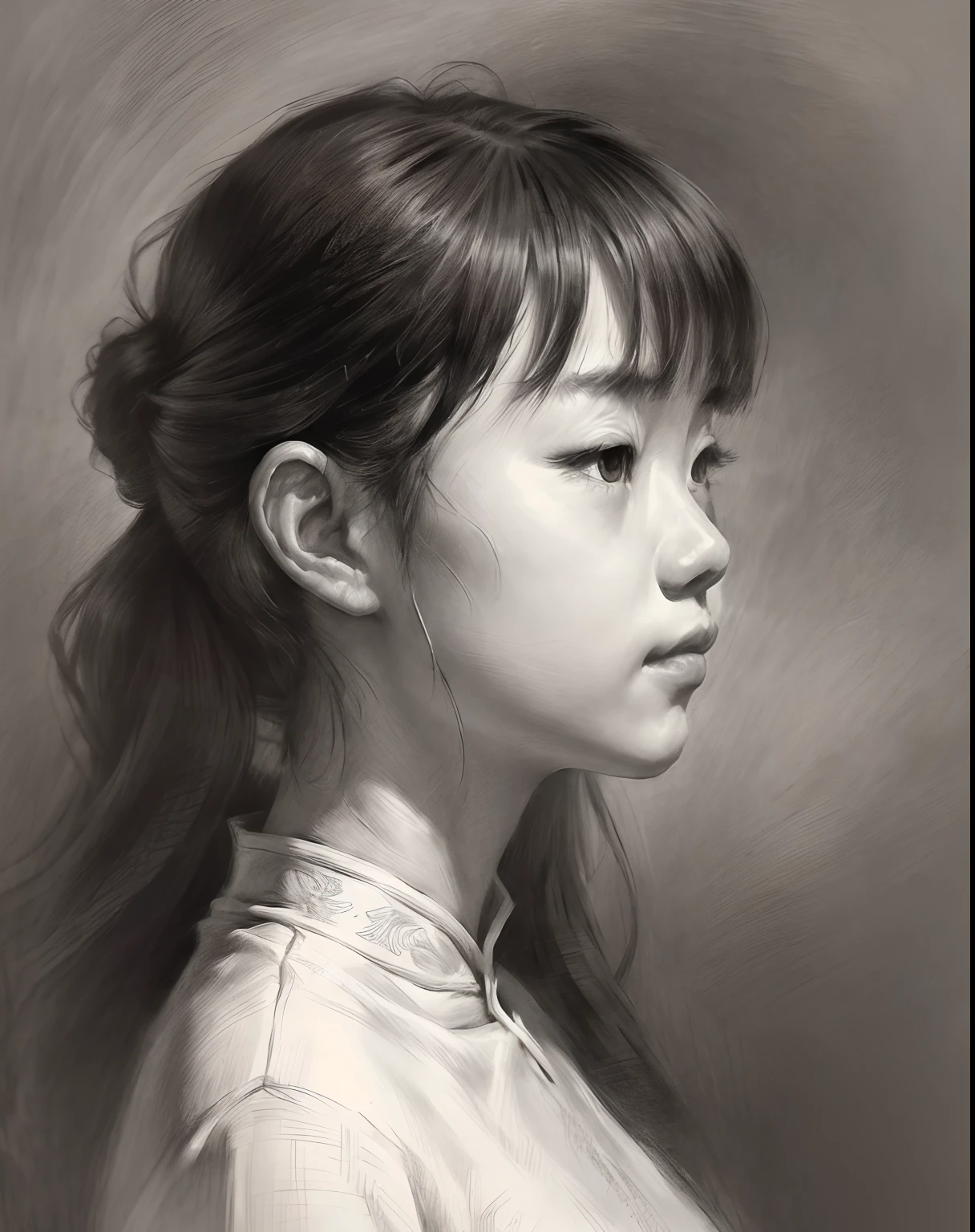 (A high resolution,Best quality,Realistic),(Portrait,Character) 's (Chinese girl:1.1),(Side view:1.1),Portrait in (Classic charcoal style:1.2) with (Fine, detailedshadows:1.1),The image is (Exceptional quality:1.2), with (清晰's线条:1.1) and (Subtle tones:1.1) Create an (true to life:1.37) . the lighting is subdued， (Natural:1.1), Emphasize the contours of his face，adding depth to the overall composition.This artwork captures the beauty and elegance of a Chinese teenage girl,