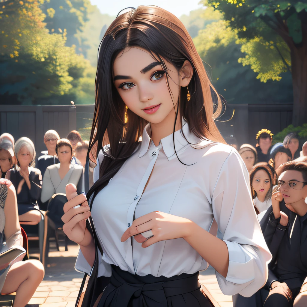sfw, (Extremely detailed 8k wallpaper:2), (photo:2), (soigne Beautiful girl:2), (gives a lecture to friends:2), detailed (Face and eyes), (hyper realistic:1), (highly detailed:1), (epic realistic:1), rim light, (maximum details:1), cozy, (fullbody:1.2), (looking at viewer:2), (Woman's Attractive Qualities:2), (Attractive Woman:2), (Attractive:2), Smile, Intelligence, Empathy, Gracefulness, Sense of Style, Fitness, Grooming, Optimism, (Sensitivity:2), Sincerity, Romantic Gestures, Playfulness, Fashion Sense, (Sensuality:2), Charm, Modesty, Thoughtfulness, (Femininity:1), Flirtatiousness, Warmth, (Physical attractiveness:2), A beautiful smile, A love of life, strength and power, vulnerability, curiosity, wonder, love, (nature background:2), kawaii, waifu, Beautiful breasts, (attractive body:2), (Beautiful body:2), Beautiful pose, attractive pose, (Beautiful legs:1.0), (spread legs:1.0), (Beautiful clothes:1), (classic clothes:2), (elegant clothes:2), (European clothes:2), detailed clothes, (skirt:1), (blouse:1), (provocative pose)