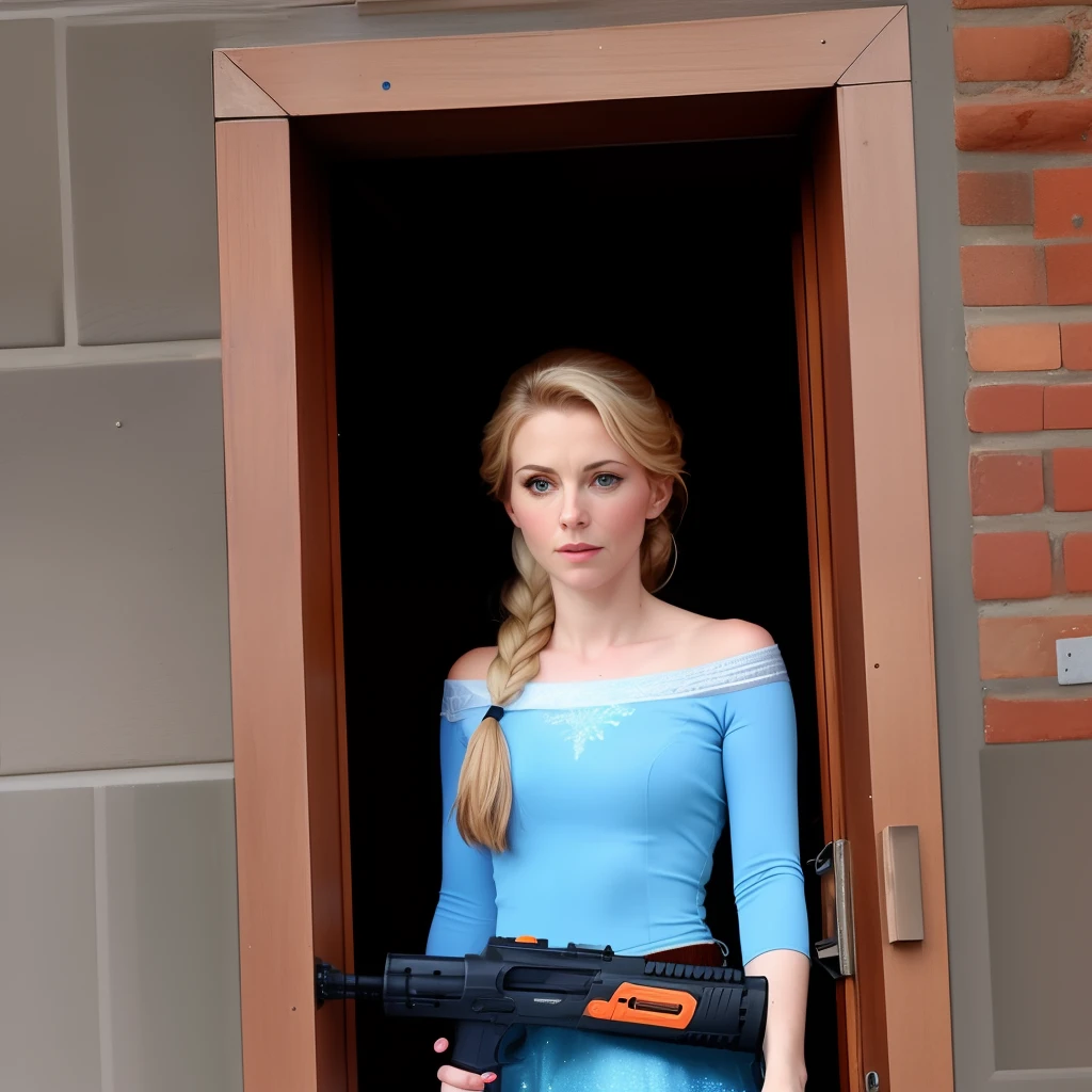 Elsa with a nerf gun looking at a door hole