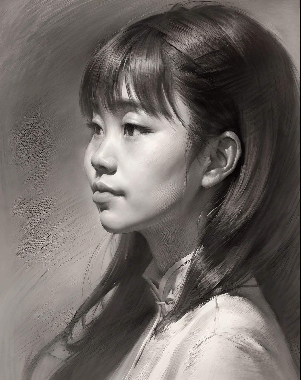 (A high resolution,Best quality,Realistic),(Portrait,Character) 's (Chinese girl:1.1),(Side view:1.1),Portrait in (Classic charcoal style:1.2) with (Fine, detailedshadows:1.1),The image is (Exceptional quality:1.2), with (清晰's线条:1.1) and (Subtle tones:1.1) Create an (true to life:1.37) . the lighting is subdued， (Natural:1.1), Emphasize the contours of his face，adding depth to the overall composition.This artwork captures the beauty and elegance of a Chinese teenage girl,