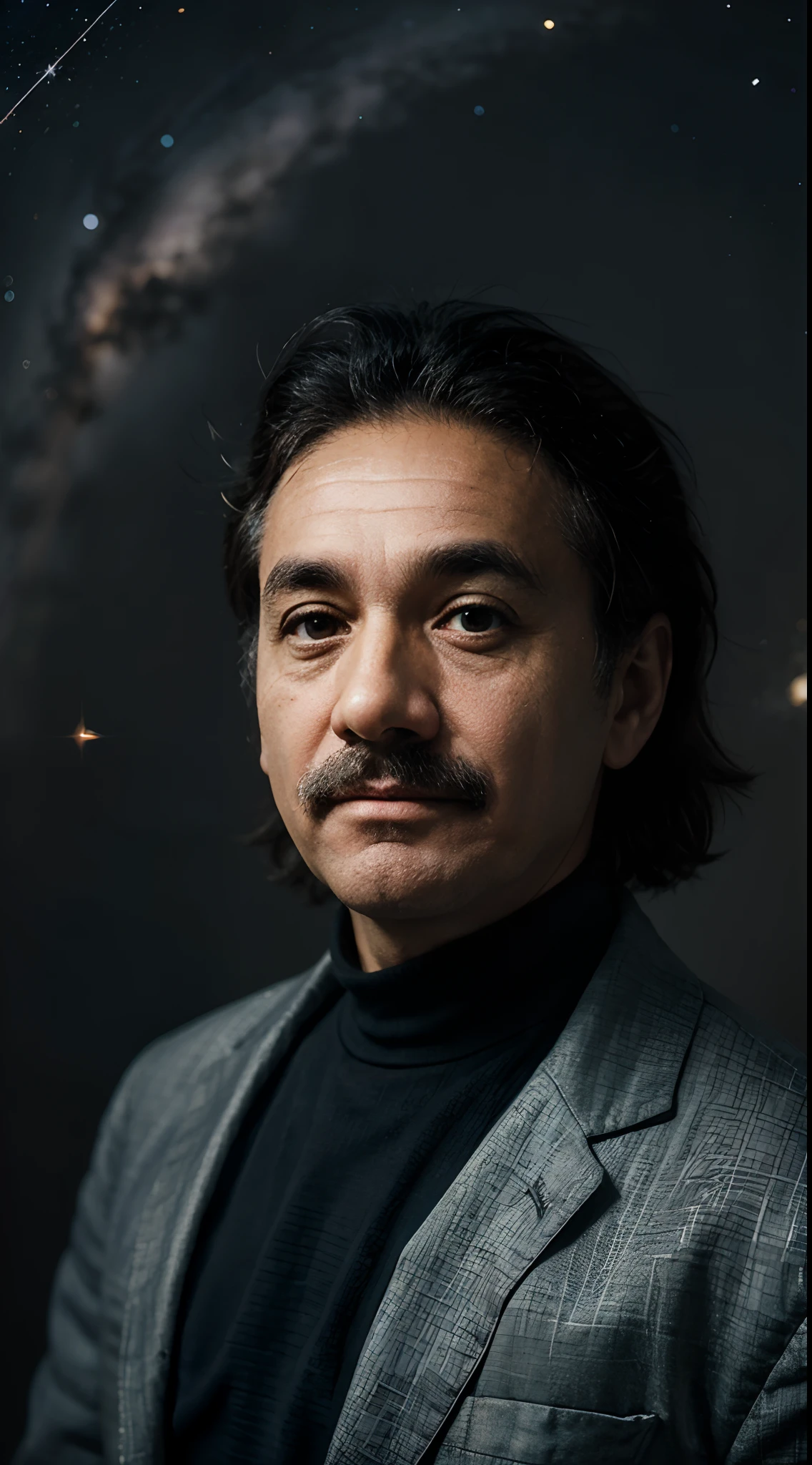 "Capture the essence of Einstein's genius with an image showcasing the cosmos: integrate his face as a constellation against a starry backdrop, symbolizing his profound influence on our understanding of the universe."