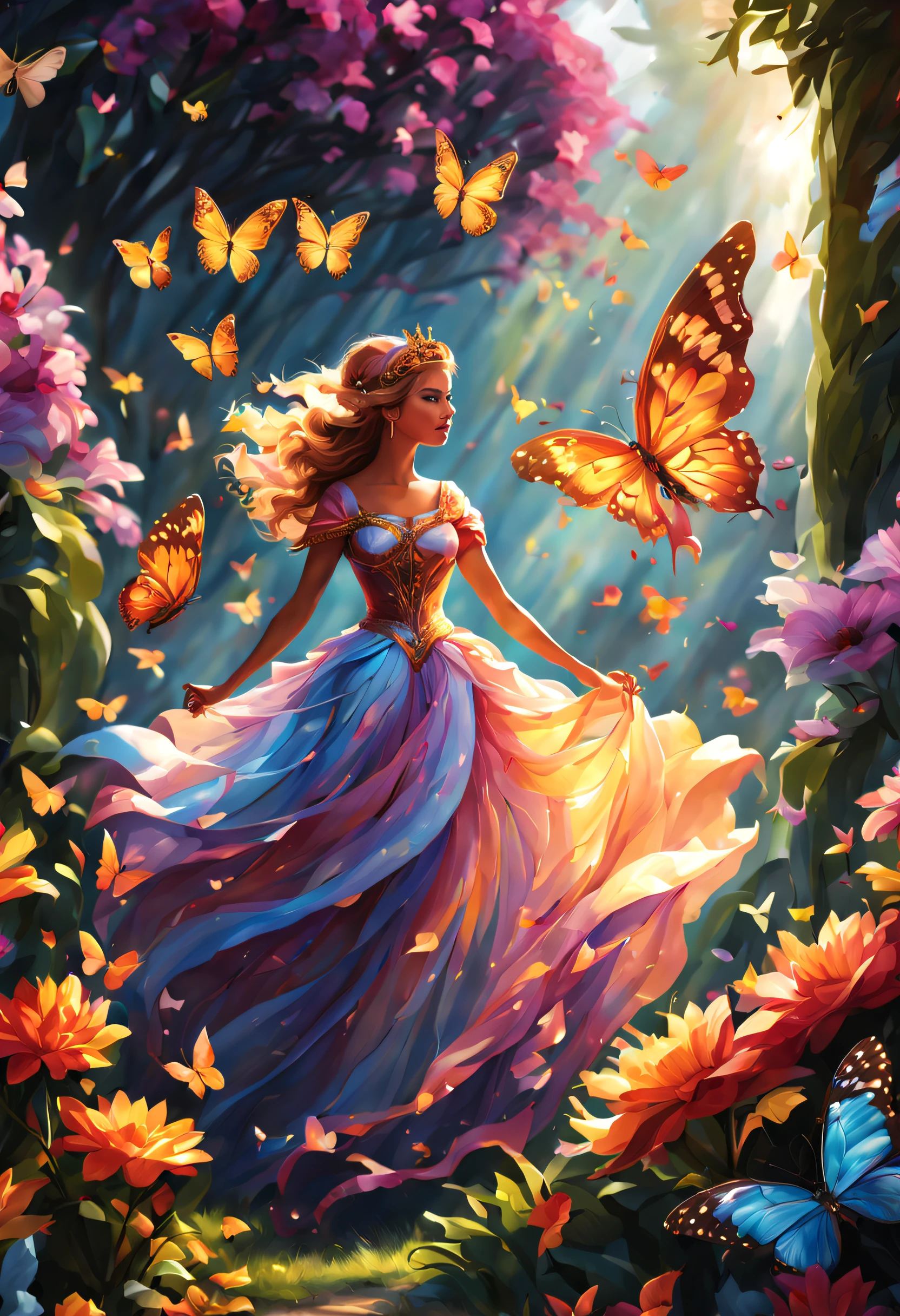 (best quality,4k,8k,highres,masterpiece:1.2),ultra-detailed, beautiful queen,long, vibrant, colorful wings,butterflies, majestic, royal, regal, elegant, detailed patterns, delicate, ethereal, iridescent, shimmering, graceful, enchanting, fluttering, floating, luminous, mythical, fantasy, magical, enchantment, surreal, lush, blooming, vibrant garden, sun-kissed, sunlit, soft, dreamlike, golden rays of light, glowing, radiant, glowing flowers, harmonious, peaceful, tranquil, serene, mesmerizing, captivating.