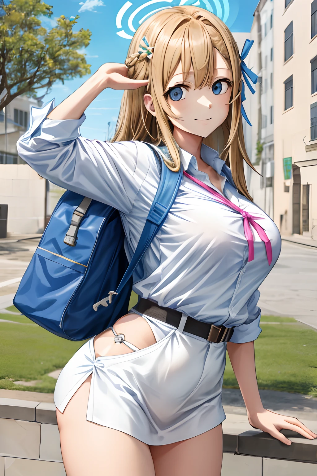 Asuna ba, Mirando al espectador, senos grandes, cinta, Cabello largo, brown light hair, They are smiling, bolsa, Bragas blancas, ass visible through thighs, Pelo sobre un ojo, falda plisada, Camisa blanca, halo, solamente, ropa interior, ojos azules, 1girl, bragas, camisa, sonrojarse, Mochila escolar, fondo blanco, falda, Fondo simple, Uniforme escolar, sonrisa, desde abajo