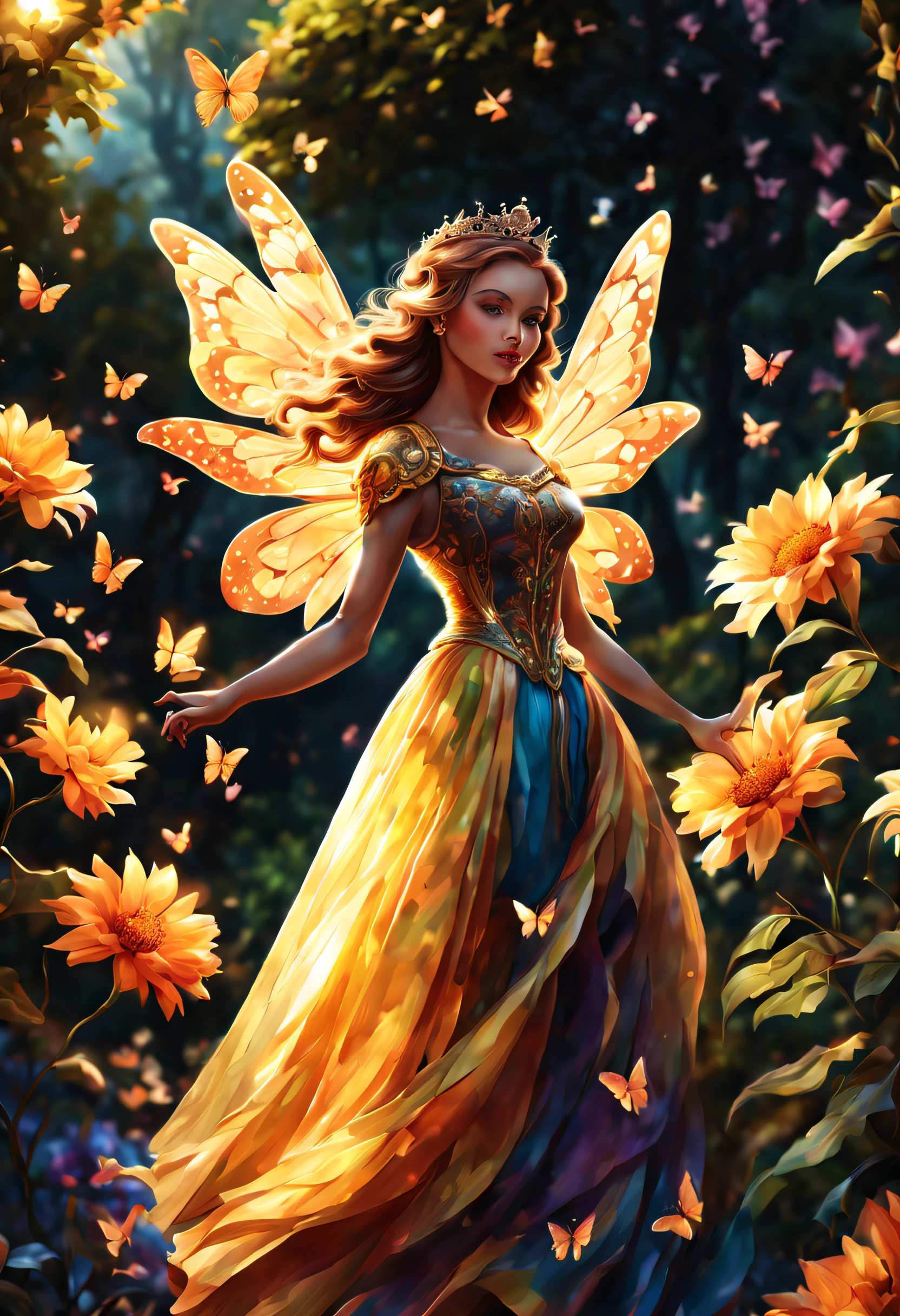 (best quality,4k,8k,highres,masterpiece:1.2),ultra-detailed, beautiful queen,long, vibrant, colorful wings,butterflies, majestic, royal, regal, elegant, detailed patterns, delicate, ethereal, iridescent, shimmering, graceful, enchanting, fluttering, floating, luminous, mythical, fantasy, magical, enchantment, surreal, lush, blooming, vibrant garden, sun-kissed, sunlit, soft, dreamlike, golden rays of light, glowing, radiant, glowing flowers, harmonious, peaceful, tranquil, serene, mesmerizing, captivating.