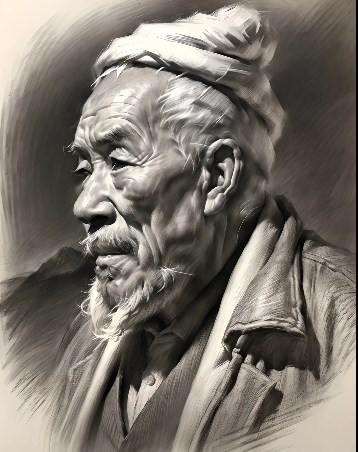 (A high resolution,Best quality,Realistic),(Portrait,Character) 's (Chinese old man:1.1),(Side view:1.1), Around (70 years old:1.1). The man has (Wrinkles:1.2) On his face, Show the mark of a better life. his (Expressive eyes),(Wise eyes:1.1) Show the depth of his experience. he had (Thick, White hair),(White hair:1.1) This adds to his noble appearance.

Portrait in (Classic charcoal style:1.2) with (Fine, detailedshadows:1.1), Capture every single one (wrinkle:0.9) and (wrinkle:0.9) In front of men. Sketching techniques brought out (Texture:1.1) His skin, Make it feel three-dimensional. The background is tranquil (landscape:1.1) with (misty mountains:1.2) and (Flowing rivers:1.1), It symbolizes the wisdom and serenity that comes with age.

The image is (Exceptional quality:1.2), with (清晰's线条:1.1) and (Subtle tones:1.1) Create an (true to life:1.37) Representatives of the elderly. the lighting is subdued， (Natural:1.1), Emphasize the contours of his face，adding depth to the overall composition.

This artwork captures the beauty and elegance of an elderly Chinese man, Reveal the wisdom and stories hidden beneath his old countenance. It's a (A touching portrayal) Celebrating China's rich history and cultural heritage.