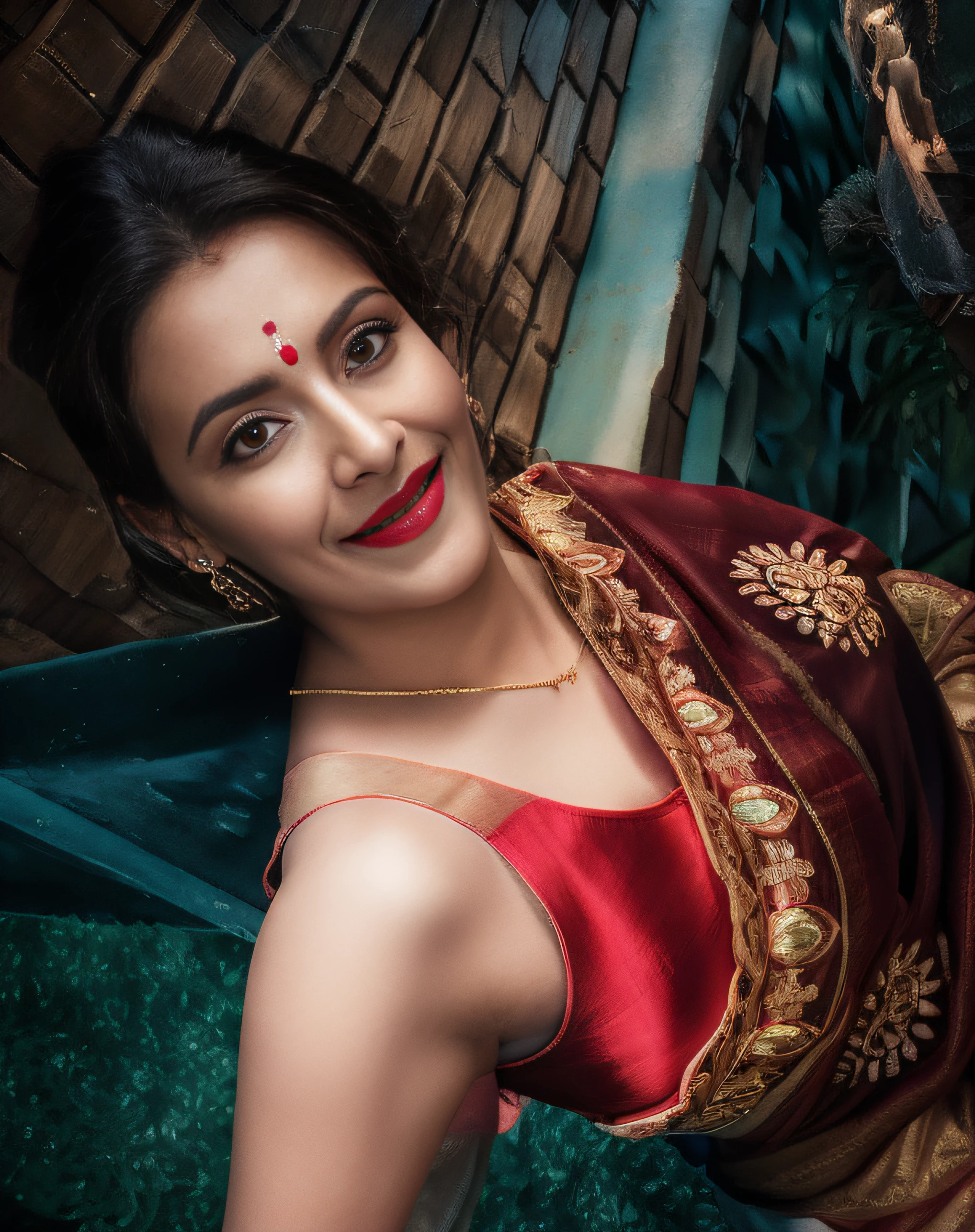 Day scene, close up photo of a sexy kajal as maid, cleaning floor in a palace, big cheeks, curvy, super stylish red saree with wide open breasts, accessories, earrings, necklace, erotic face, 36 yo, ponytail, look at viewer and smile, (cinematic:1.3), intricate details, (ArtStation:1.2)(editorial photograph of a young Indian women in red lips), karla ortiz, (highly detailed face:1.4) (smile:0.7) POV, by lee jeffries, nikon d850, film stock photograph ,4 kodak portra 400 ,camera f1.6 lens ,rich colors ,hyper realistic ,lifelike texture, dramatic lighting , cinestill 800, realistic, nacked big boobs actress, karla ortiz, posing!!, candid picture, by Max Dauthendey