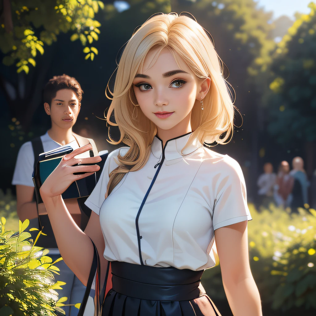 sfw, (Extremely detailed 8k wallpaper:2), (photo:2), (soigne Beautiful girl:2), (gives a lecture to friends:2), detailed (Face and eyes), (hyper realistic:1), (highly detailed:1), (epic realistic:1), rim light, (maximum details:1), cozy, (fullbody:1.2), (looking at viewer:2), (Woman's Attractive Qualities:2), (Attractive Woman:2), (Attractive:2), Smile, Intelligence, Empathy, Gracefulness, Sense of Style, Fitness, Grooming, Optimism, (Sensitivity:2), Sincerity, Romantic Gestures, Playfulness, Fashion Sense, (Sensuality:2), Charm, Modesty, Thoughtfulness, (Femininity:1), Flirtatiousness, Warmth, (Physical attractiveness:2), A beautiful smile, A love of life, strength and power, vulnerability, curiosity, wonder, love, (nature background:2), kawaii, waifu, Beautiful breasts, (attractive body:2), (Beautiful body:2), Beautiful pose, attractive pose, (Beautiful legs:1.0), (spread legs:1.0), (Beautiful clothes:1), (classic clothes:2), (elegant clothes:2), (European clothes:2), detailed clothes, (skirt:1), (blouse:1), (provocative pose)