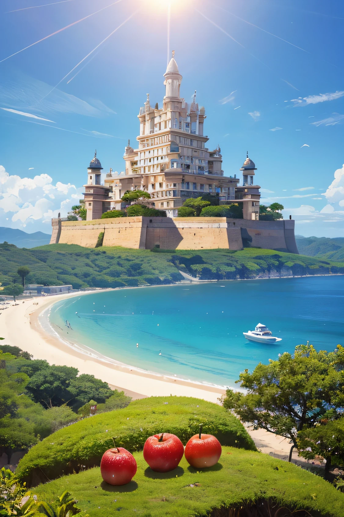 algumas pequenas frutas em primeiro plano, de costas para a tela, olhando um castelo gigantesco tampando o sol no horizonte