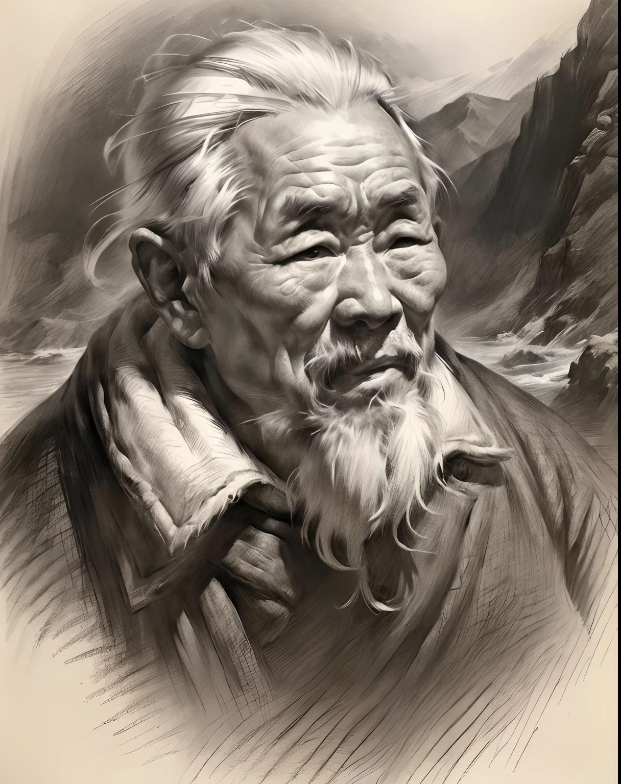 (A high resolution,Best quality,Realistic),(Portrait,Character) 's (Chinese old man:1.1),(Side view:1.1), Around (70 years old:1.1). The man has (Wrinkles:1.2) On his face, Show the mark of a better life. his (Expressive eyes),(Wise eyes:1.1) Show the depth of his experience. he had (Thick, White hair),(White hair:1.1) This adds to his noble appearance.

Portrait in (Classic charcoal style:1.2) with (Fine, detailedshadows:1.1), Capture every single one (wrinkle:0.9) and (wrinkle:0.9) In front of men. Sketching techniques brought out (Texture:1.1) His skin, Make it feel three-dimensional. The background is tranquil (landscape:1.1) with (misty mountains:1.2) and (Flowing rivers:1.1), It symbolizes the wisdom and serenity that comes with age.

The image is (Exceptional quality:1.2), with (清晰's线条:1.1) and (Subtle tones:1.1) Create an (true to life:1.37) Representatives of the elderly. the lighting is subdued， (Natural:1.1), Emphasize the contours of his face，adding depth to the overall composition.

This artwork captures the beauty and elegance of an elderly Chinese man, Reveal the wisdom and stories hidden beneath his old countenance. It's a (A touching portrayal) Celebrating China's rich history and cultural heritage.