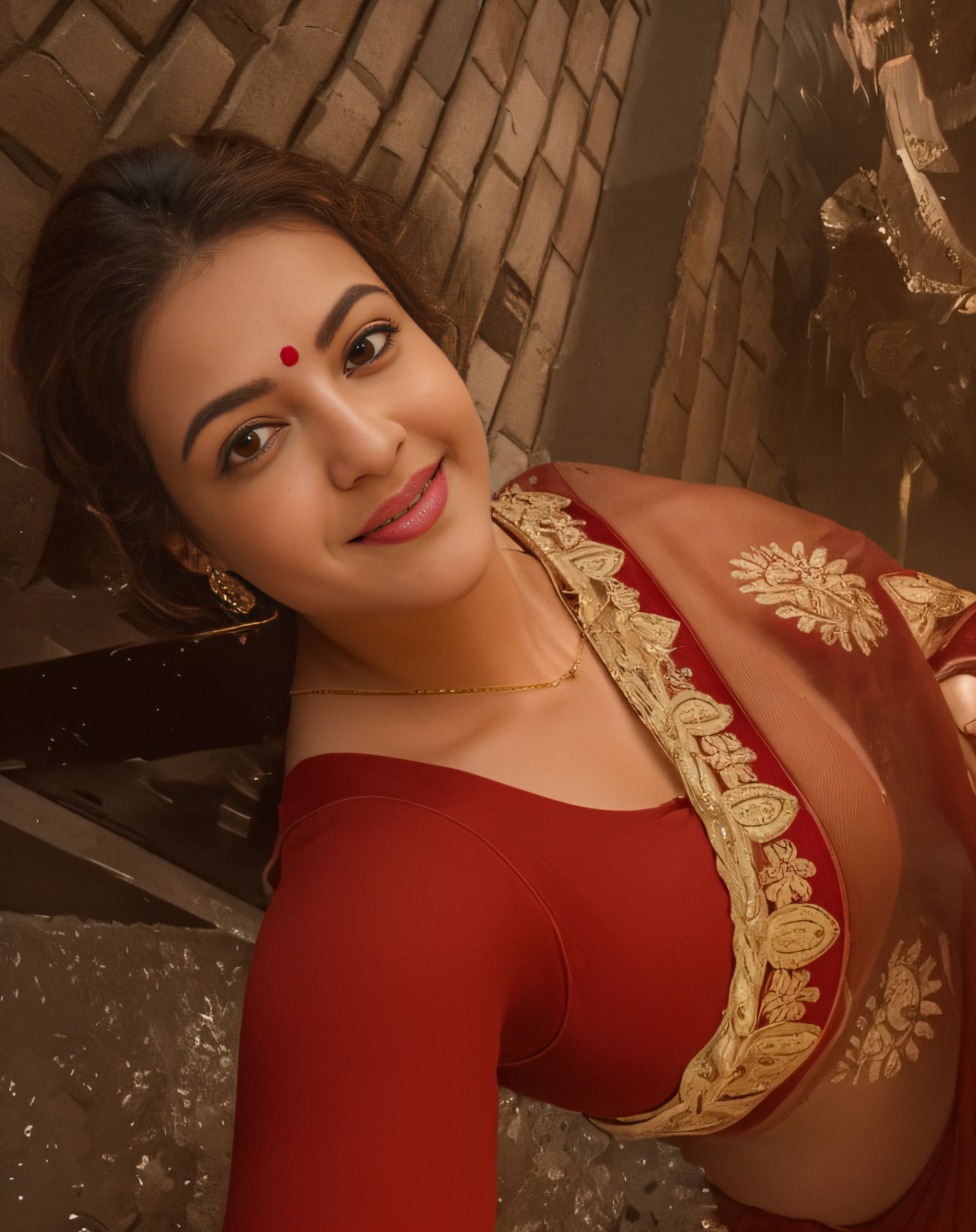 Day scene, close up photo of a sexy kajal as maid, cleaning floor in a palace, big cheeks, curvy, super stylish red saree with wide open breasts, accessories, earrings, necklace, erotic face, 36 yo, ponytail, look at viewer and smile, (cinematic:1.3), intricate details, (ArtStation:1.2)