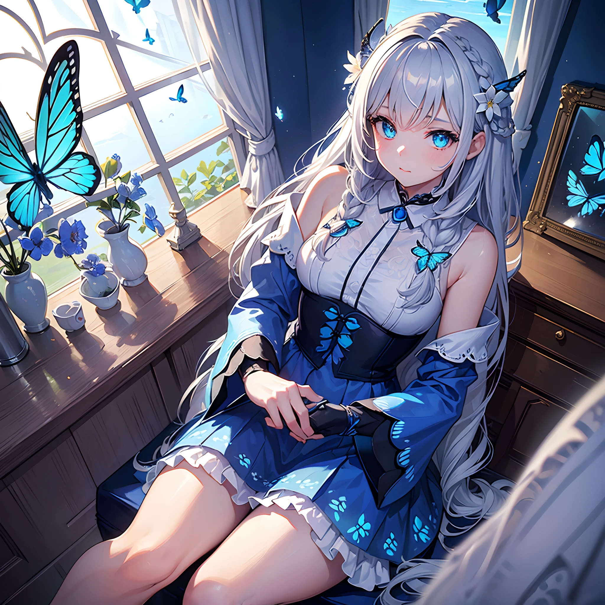 Overhead Views),Dynamic Angle,Ultra Detail, Illustration, Close Up, Straight, One Girl, (Fantasy:1.4), (Azure Eyes:1.233),Her Eyes Glowed Like Dreamy Stars,(Glowing Eyes:1.233),(Beautiful and Delicate Eyes:1.1),(Silver Hair:1.14),(Unkempt Hair,Very Long Hair,Braids,Between Eyes,Side Locks), (+ (Bull Hair Flower: 1.14)),(Chiffon Dress,Blue Floral Pattern on Uniform)/=(Military Uniform: 1.24),(Sleeveless,Wide Sleeve),(Fingerless Gloves),Choker,(Priestess Niso),High Heels,(Expressionless,Mouth Closed),(Stingling),(Classic Princess Boudoir with Dressing Table and French Window in White Ancient Palace),(White Flower,Flower),(Deep Sea),(Flowing Water),(Dull Blue World Tree:1.14), (Ruins),(Night:1.2 ),Dreamy,Soul,(Fluorescence),(Translucent Blue Butterfly Fly:1.15),[[Delicate Fingers and Hands:0.55]::0.85],(Fine Fingers),(Yubao:0.5)