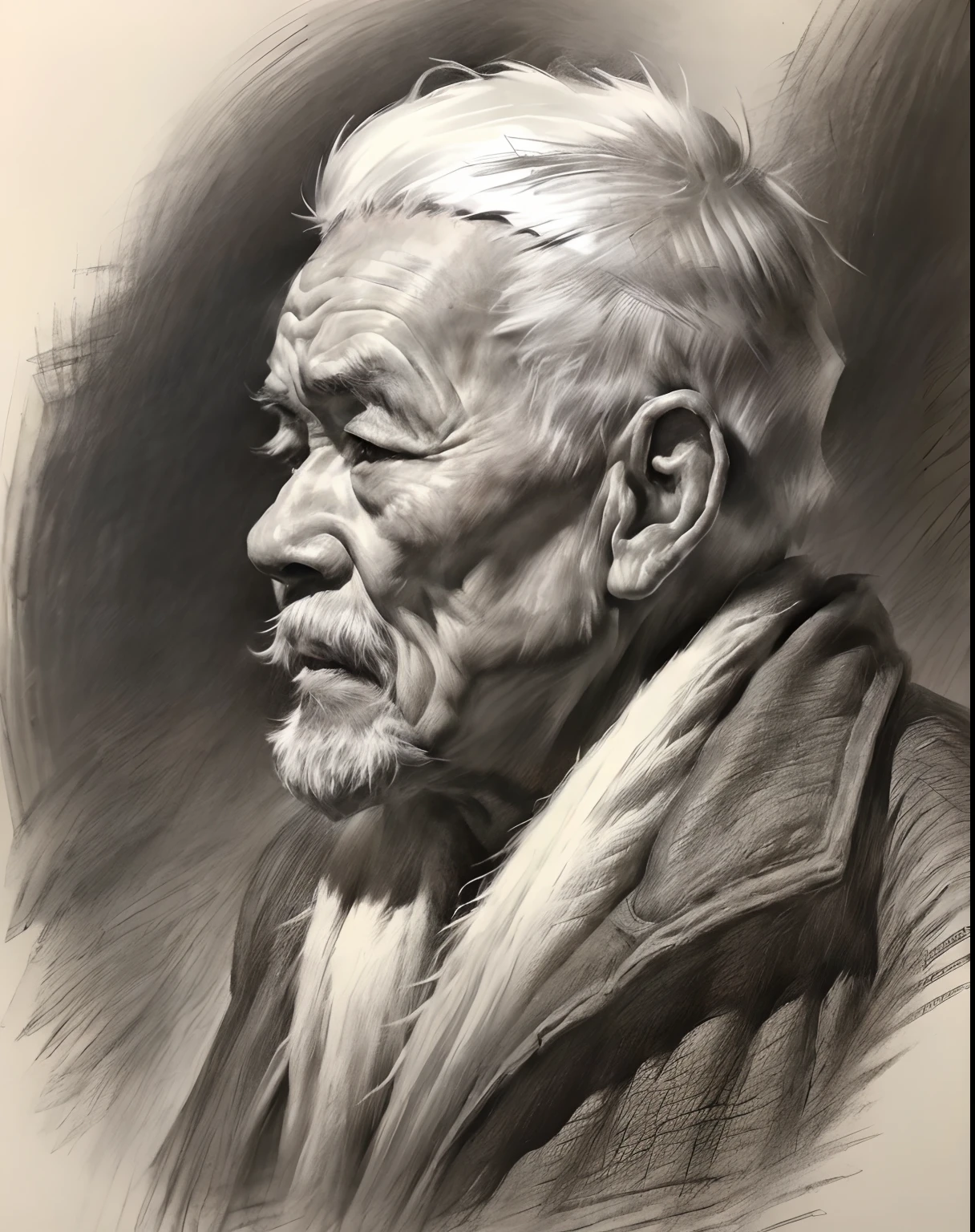 (A high resolution,Best quality,Realistic),(Portrait,Character) 's (Chinese old man:1.1),(Side view:1.1), Around (70 years old:1.1). The man has (Wrinkles:1.2) On his face, Show the mark of a better life. his (Expressive eyes),(Wise eyes:1.1) Show the depth of his experience. he had (Thick, White hair),(White hair:1.1) This adds to his noble appearance.

Portrait in (Classic charcoal style:1.2) with (Fine, detailedshadows:1.1), Capture every single one (wrinkle:0.9) and (wrinkle:0.9) In front of men. Sketching techniques brought out (Texture:1.1) His skin, Make it feel three-dimensional. The background is tranquil (landscape:1.1) with (misty mountains:1.2) and (Flowing rivers:1.1), It symbolizes the wisdom and serenity that comes with age.

The image is (Exceptional quality:1.2), with (清晰's线条:1.1) and (Subtle tones:1.1) Create an (true to life:1.37) Representatives of the elderly. the lighting is subdued， (Natural:1.1), Emphasize the contours of his face，adding depth to the overall composition.

This artwork captures the beauty and elegance of an elderly Chinese man, Reveal the wisdom and stories hidden beneath his old countenance. It's a (A touching portrayal) Celebrating China's rich history and cultural heritage.