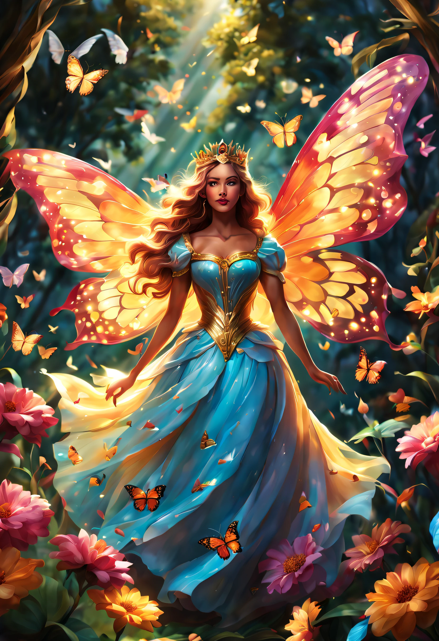 (best quality,4k,8k,highres,masterpiece:1.2),ultra-detailed, beautiful queen,long, vibrant, colorful wings,butterflies, majestic, royal, regal, elegant, detailed patterns, delicate, ethereal, iridescent, shimmering, graceful, enchanting, fluttering, floating, luminous, mythical, fantasy, magical, enchantment, surreal, lush, blooming, vibrant garden, sun-kissed, sunlit, soft, dreamlike, golden rays of light, glowing, radiant, glowing flowers, harmonious, peaceful, tranquil, serene, mesmerizing, captivating.