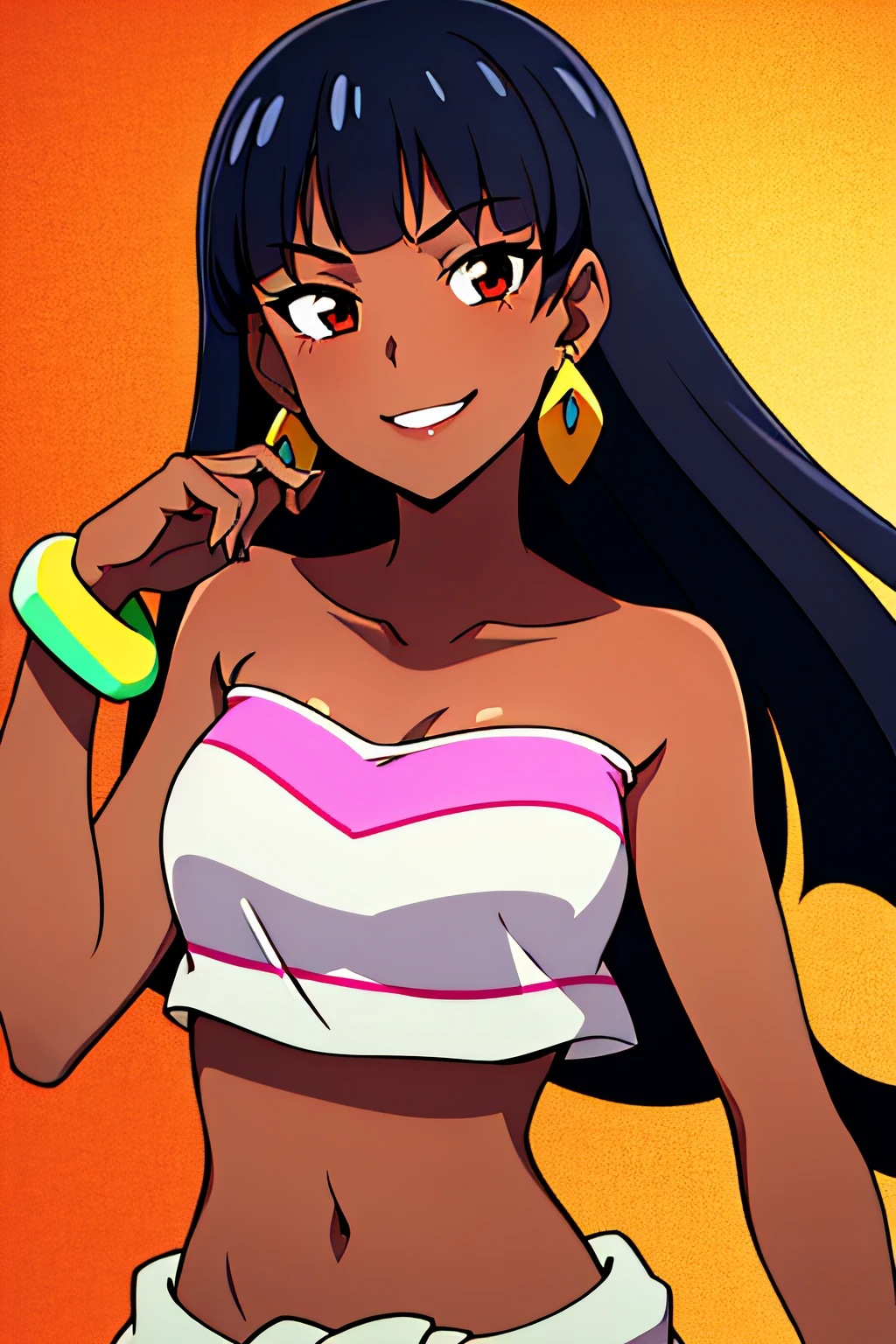 1girl,solo,loincloth,bandeau,chel \(the road to el dorado\),dark-skinned female, black hair, earrings, bracelets, long hair, 1girl, solo, upper body, facing viewer, looking at viewer, smile,