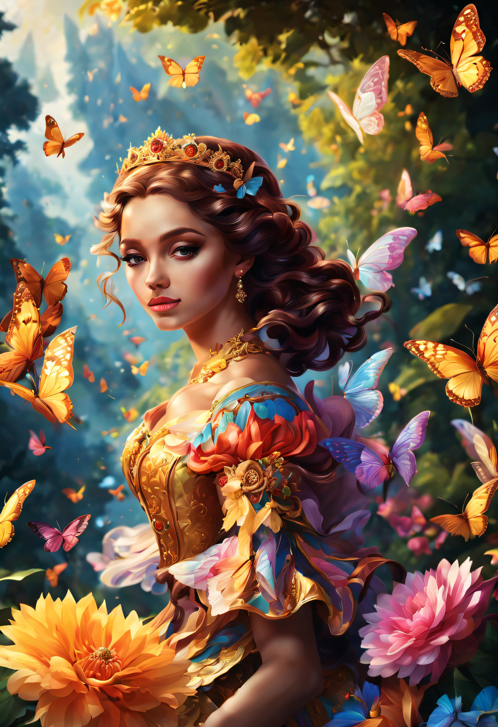 (best quality,4k,8k,highres,masterpiece:1.2),ultra-detailed, beautiful queen,long, vibrant, colorful wings,butterflies, majestic, royal, regal, elegant, detailed patterns, delicate, ethereal, iridescent, shimmering, graceful, enchanting, fluttering, floating, luminous, mythical, fantasy, magical, enchantment, surreal, lush, blooming, vibrant garden, sun-kissed, sunlit, soft, dreamlike, golden rays of light, glowing, radiant, glowing flowers, harmonious, peaceful, tranquil, serene, mesmerizing, captivating.