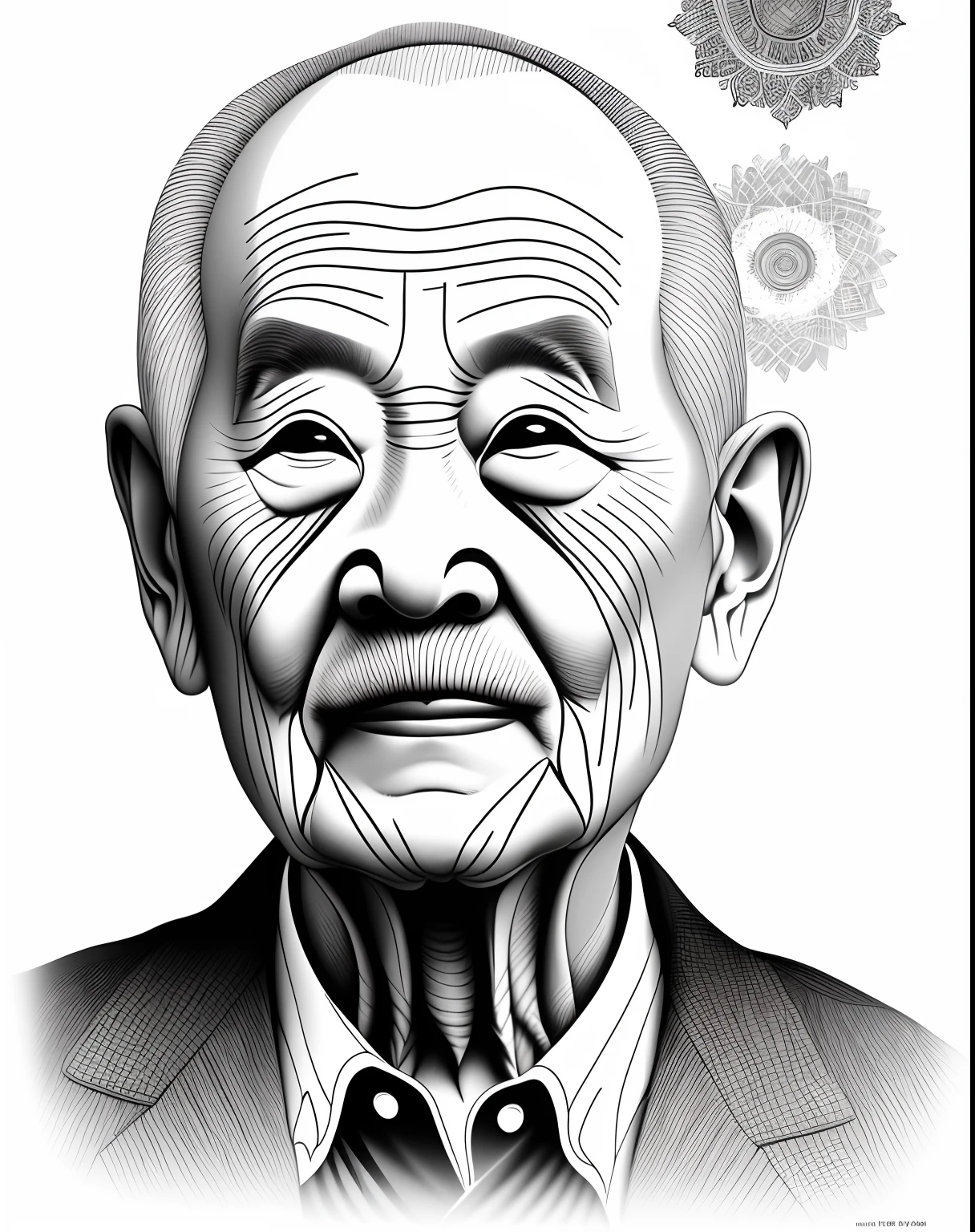 (Best quality, 4K 分辨率, highlydetailedillustrations, Black and white, Portrait sketch) Close-up portrait sketch of an 80-year-old man. The sketch should capture the intricate details of their face, Especially their eyes, nase, and lips. The person should exude wisdom and age through their facial expressions and features, There is a sense of tranquility and harmony. 

The background should depict mountains in the distance, Represents the serene beauty of nature. Incorporating Taoist elements, Chinese medicine, and natural healing. These elements are symbolized by the presence of herbaceous plants and a tranquil atmosphere. Iconic Chinese symbols are included，Such as lotus and green bamboo，Elevate the traditional atmosphere.

Expresses the concept of yin and yang, Emphasis is placed on the balance and interconnectedness of opposing forces. Highlight the rich cultural heritage of traditional Chinese medicine and its techniques, Show the harmony of the heart, Body, and natural. Inject a zen vibe into the artwork, Exudes calm and serenity.