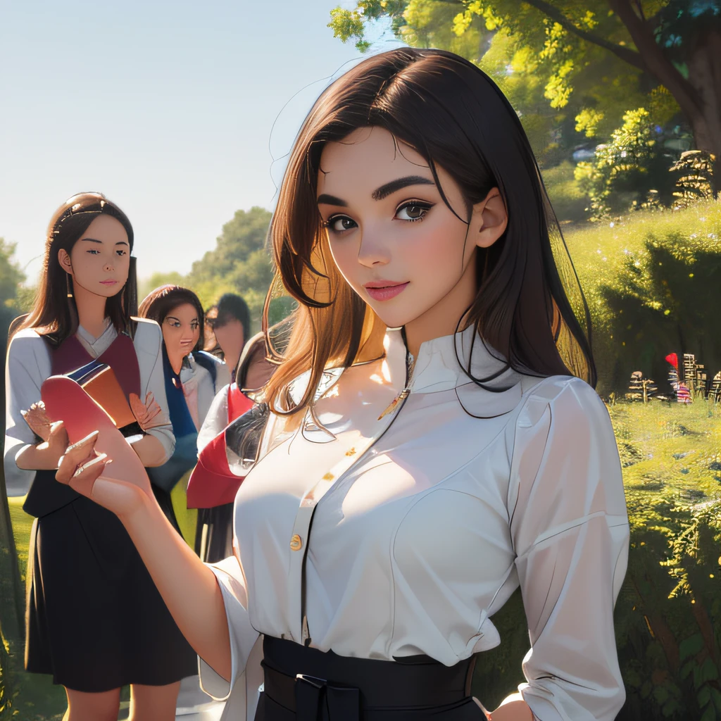 sfw, (Extremely detailed 8k wallpaper:2), (photo:2), (soigne Beautiful girl:2), (gives a lecture to friends:2), detailed (Face and eyes), (hyper realistic:1), (highly detailed:1), (epic realistic:1), rim light, (maximum details:1), cozy, (fullbody:1.2), (looking at viewer:2), (Woman's Attractive Qualities:2), (Attractive Woman:2), (Attractive:2), Smile, Intelligence, Empathy, Gracefulness, Sense of Style, Fitness, Grooming, Optimism, (Sensitivity:2), Sincerity, Romantic Gestures, Playfulness, Fashion Sense, (Sensuality:2), Charm, Modesty, Thoughtfulness, (Femininity:1), Flirtatiousness, Warmth, (Physical attractiveness:2), A beautiful smile, A love of life, strength and power, vulnerability, curiosity, wonder, love, (nature background:2), kawaii, waifu, Beautiful breasts, (attractive body:2), (Beautiful body:2), Beautiful pose, attractive pose, (Beautiful legs:1.0), (spread legs:1.0), (Beautiful clothes:1), (classic clothes:2), (elegant clothes:2), (European clothes:2), detailed clothes, (skirt:1), (blouse:1), (provocative pose)