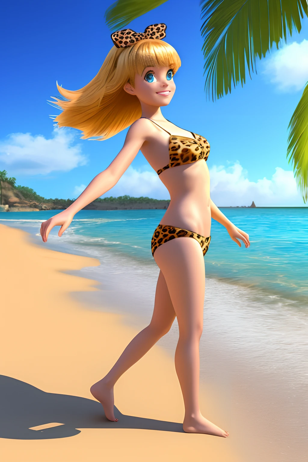 3d pixar Disney image of a ite woman with a blonde streak on leopard bikini bangs on beach barefoot