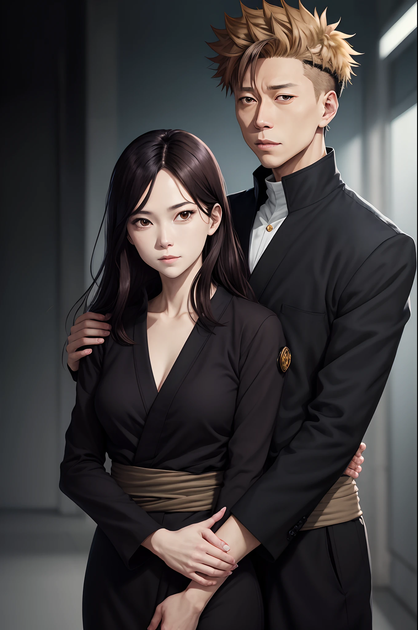Jujutsu Kaisen Art.
Studio MAPPA art style.
Female sorceress with long dark brown hair and hazel eyes standing next to Satoru Gojo.
Satoru Gojo has his arm wrapped around the female‘s shoulders and grins.
The female looks serious and reserved.
The female wears black clothes.