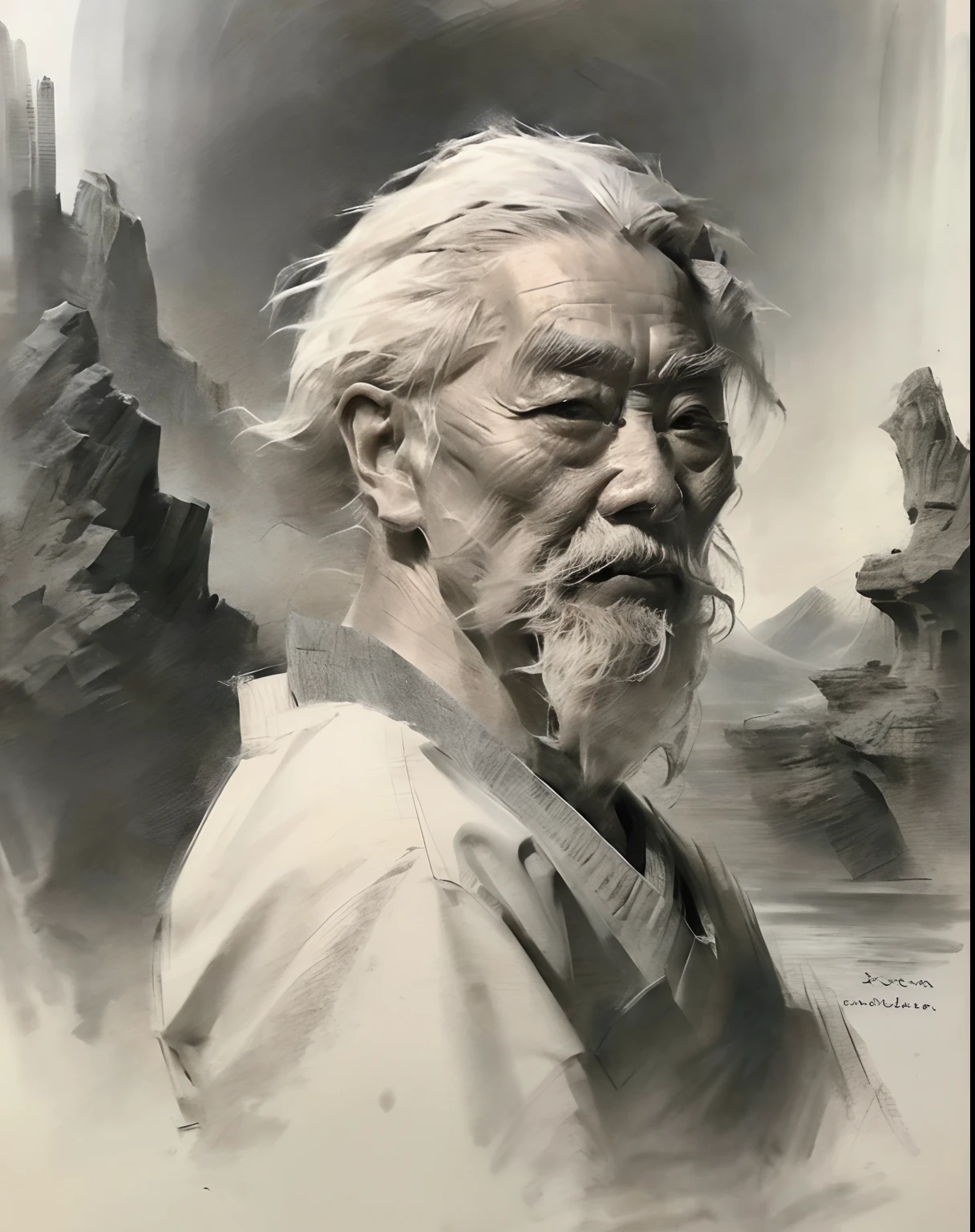 (A high resolution,Best quality,Realistic),(Portrait,Character) 's (Chinese old man:1.1),(Side view:1.1), Around (70 years old:1.1). The man has (Wrinkles:1.2) On his face, Show the mark of a better life. his (Expressive eyes),(Wise eyes:1.1) Show the depth of his experience. he had (Thick, White hair),(White hair:1.1) This adds to his noble appearance.
The portrait is in (Classic charcoal style:1.2) with (Fine, detailedshadows:1.1), Capture every single one (wrinkle:0.9) and (wrinkle:0.9) In the face of the man. Sketching techniques brought out (Texture:1.1) His skin, Make it feel three-dimensional. The background is tranquil (landscape:1.1) with (misty mountains:1.2) and (Flowing rivers:1.1), It symbolizes the wisdom and serenity that comes with age.
The image is (Exceptional quality:1.2), with (清晰's线条:1.1) and (Subtle tones:1.1) Create an (true to life:1.37) Representatives of the elderly. the lighting is subdued, (Natural:1.1), Emphasize the contours of his face,adding depth to the overall composition.
This artwork captures the beauty and elegance of an elderly Chinese man, Reveal the wisdom and stories hidden in his aged features. It's a (A touching portrayal) Celebrating China's rich history and cultural heritage.