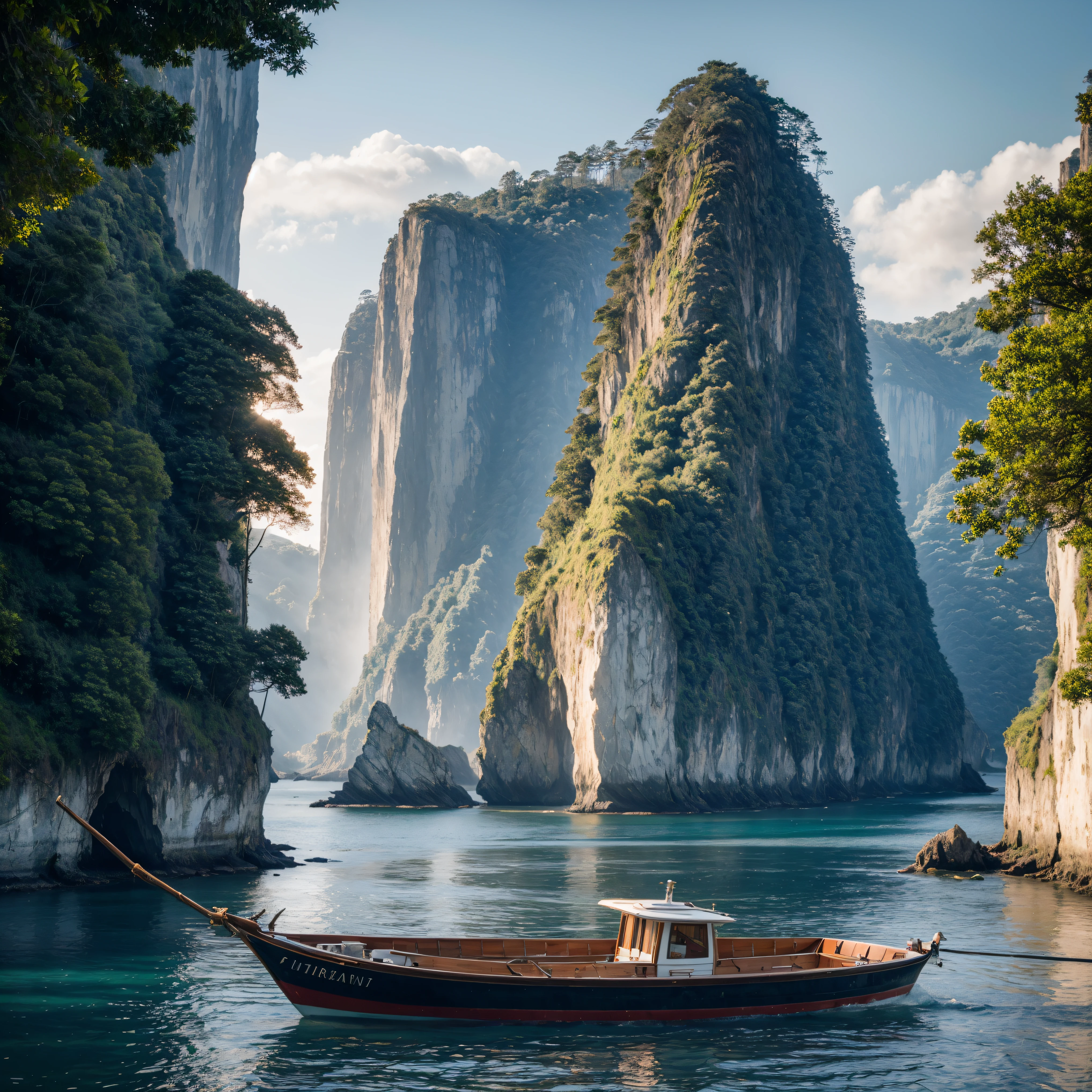 masterpiece, a photography of a couple of boats that are in the water, a picture, by Richard Carline, unsplash, sumatraism, trees and cliffs, 2 5 mm portra, narrow passage, 4k vertical wallpaper, intricate details, cinematic light, godrays, 8k, ultra hd, sharpness, super detailed