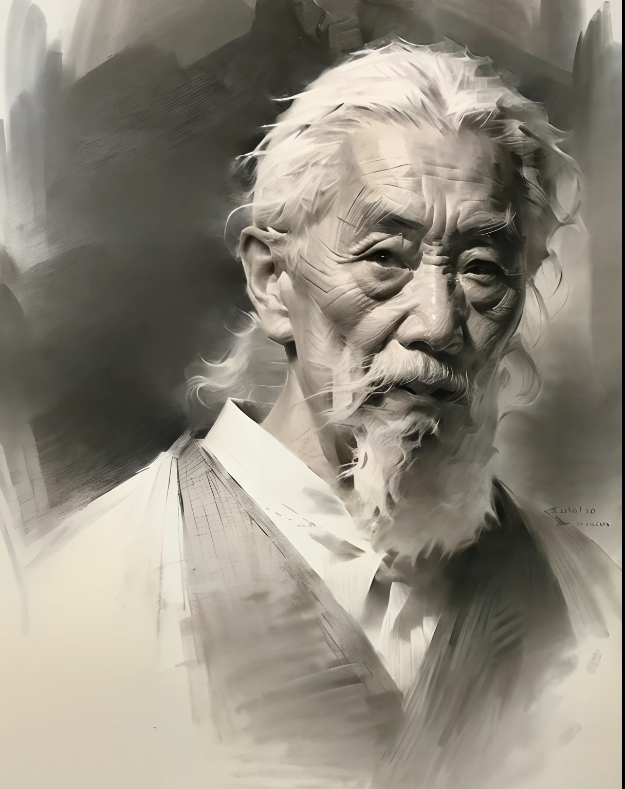 (A high resolution,Best quality,Realistic),(Portrait,Character) 's (Chinese old man:1.1),(Side view:1.1), Around (70 years old:1.1). The man has (Wrinkles:1.2) On his face, Show the mark of a better life. his (Expressive eyes),(Wise eyes:1.1) Show the depth of his experience. he had (Thick, White hair),(White hair:1.1) This adds to his noble appearance.

The portrait is in (Classic charcoal style:1.2) with (Fine, detailedshadows:1.1), Capture every single one (wrinkle:0.9) and (wrinkle:0.9) In the face of the man. Sketching techniques brought out (Texture:1.1) His skin, Make it feel three-dimensional. The background is tranquil (landscape:1.1) with (misty mountains:1.2) and (Flowing rivers:1.1), It symbolizes the wisdom and serenity that comes with age.

The image is (Exceptional quality:1.2), with (清晰's线条:1.1) and (Subtle tones:1.1) Create an (true to life:1.37) Representatives of the elderly. the lighting is subdued， (Natural:1.1), Emphasize the contours of his face，adding depth to the overall composition.

This artwork captures the beauty and elegance of an elderly Chinese man, Reveal the wisdom and stories hidden in his aged features. It's a (A touching portrayal) Celebrating China's rich history and cultural heritage.