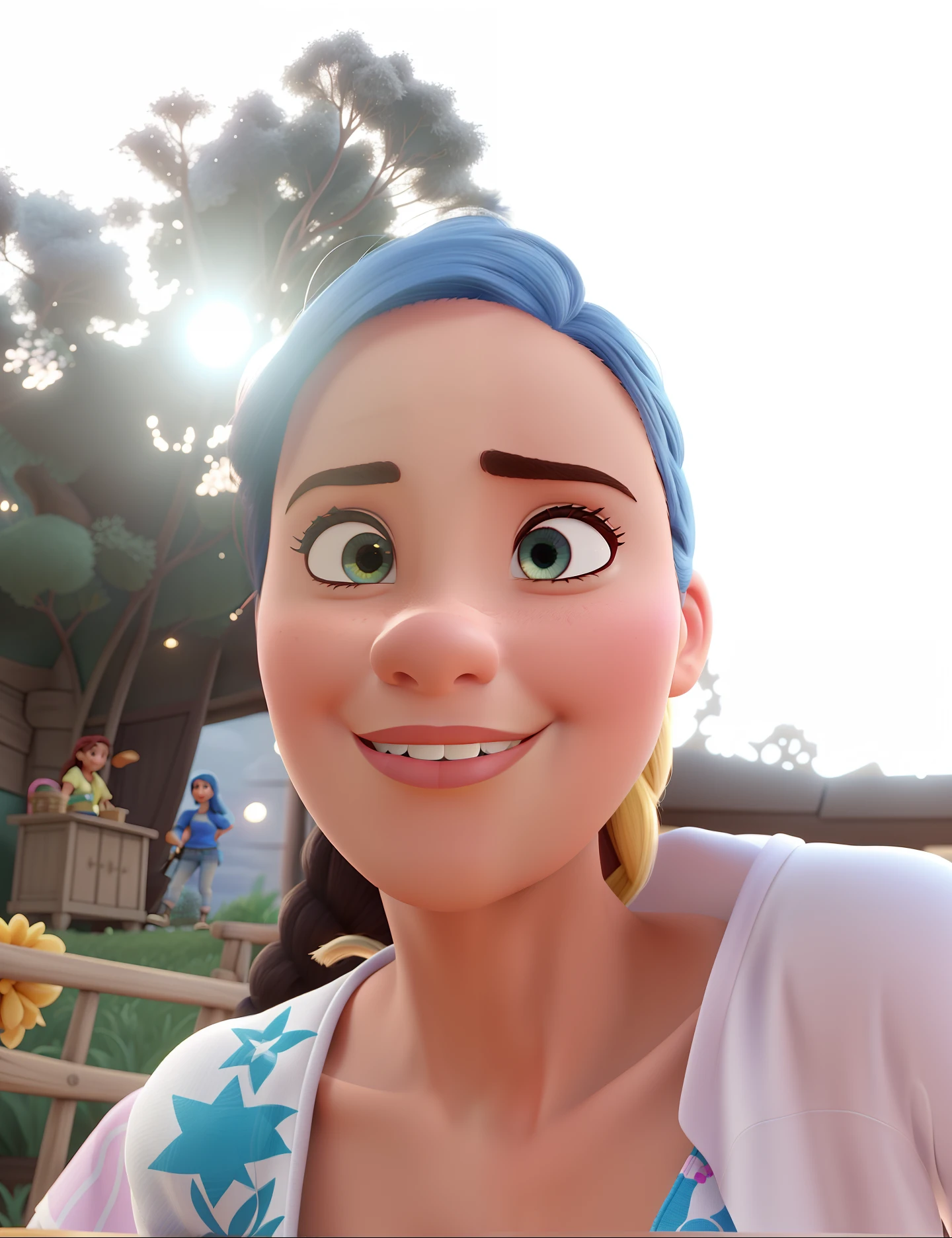 Imagem no estilo Disney Pixar, melhor que ualidade, mulher branca, 44 anos, cabelo castanho com alguns fios brancos, e olhos castanhos
