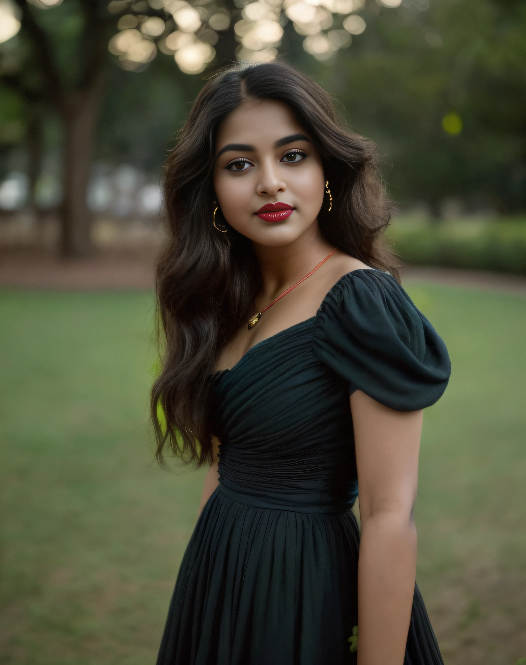 (editorial photograph of a young Indian woman with red lips)、karla ortiz, (highly detailed face:1.4) (smile:0.7) (backround park , moody, private study:1.3) POV, by lee jeffries, nikon d850, film stock photograph ,4 kodak portra 400 ,camera f1.6 lens ,rich colors ,hyper realistic ,lifelike texture, dramatic lighting , cinestill 800, realistic, wearing Black dobby weave self design fit & flare dress Sweetheart neck Short, puff sleeve Tie-up detail on back Above knee length in flounce hem Attached Lining Chiffon fabric, actress, karla ortiz, posing!!, candid picture, by Max Dauthendey,