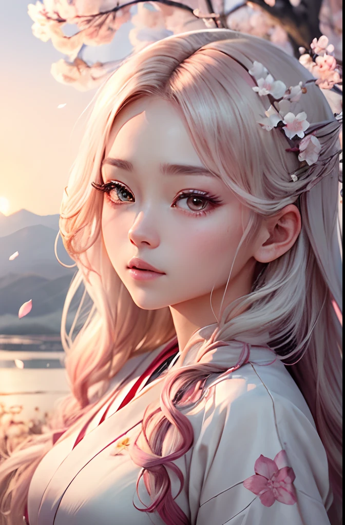 (A logo、masterpiece、8K、masutepiece、Raw photo、Fantastic、Best Quality、Photorealistic、extremely detailed CG unified 8k wallpaper、hightquality、ighly detailed、epic poem、Particle effect、Dynamic effects、depth of fields、Cinematic Light、Lens Flare、Ray tracing)、Fantasia、(1 beautiful woman in a white coat、robe blanche、Japanese dress、Beautiful face、Real Face、Beautiful detail eyes、Beautiful skin)、Hair flutters in the wind、Hair jumps、Pink cherry blossom tree、Petals flutter、Sakura blizzard、Superb view、morning glow、Sun in the background、the wind、Deities、tusk、myth、Vast Land、