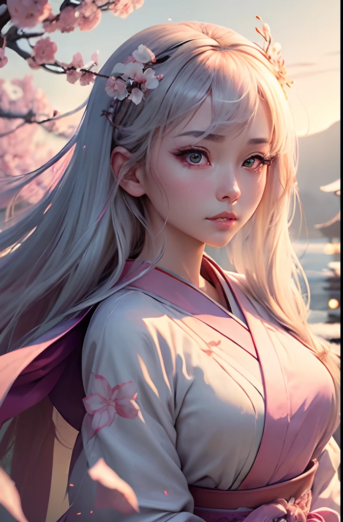 (A logo、masterpiece、8K、masutepiece、Raw photo、Fantastic、Best Quality、Photorealistic、extremely detailed CG unified 8k wallpaper、hightquality、ighly detailed、epic poem、Particle effect、Dynamic effects、depth of fields、Cinematic Light、Lens Flare、Ray tracing)、Fantasia、(1 beautiful woman in a white coat、robe blanche、Japanese dress、Beautiful face、Real Face、Beautiful detail eyes、Beautiful skin)、Pink cherry blossom tree、Petals flutter、Sakura blizzard、Superb view、morning glow、Sun in the background、the wind、Deities、tusk、myth、Vast Land、