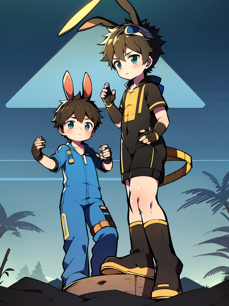 Shota,,2D anime boy,One-piece hiking suit,Rabbit ears,slender figures,Protective goggles,Fingerless gloves,adolable,standing on your feet,is shy