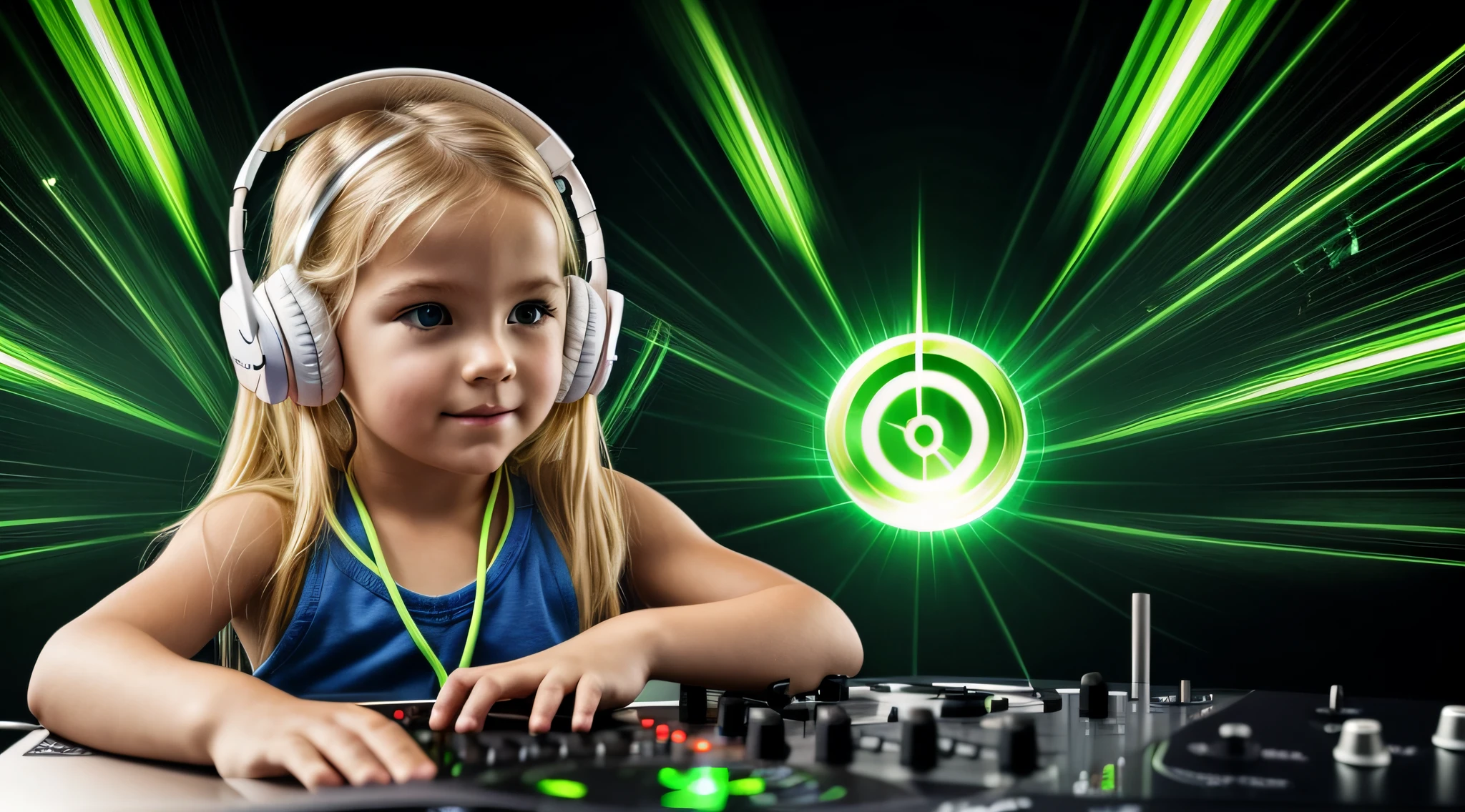 Image of a CHILD BLONDE girl with headphones playing music, Atom and Evil, DJ, fire and GREEN FIRE , FLAMME, BURN , FOGO, GREEN, VERDE.