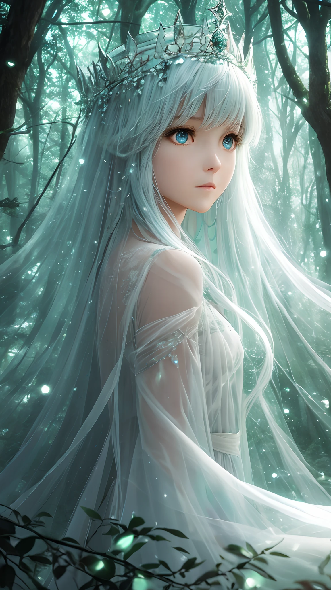 Close up photo of an a cute female transparent spirit, ghost, in the thicket of the forest, detailed face, detailed eyes, a dim light breaking through the crowns of trees, a magical aura, glowing particles, uhd, 16k, volumetric light