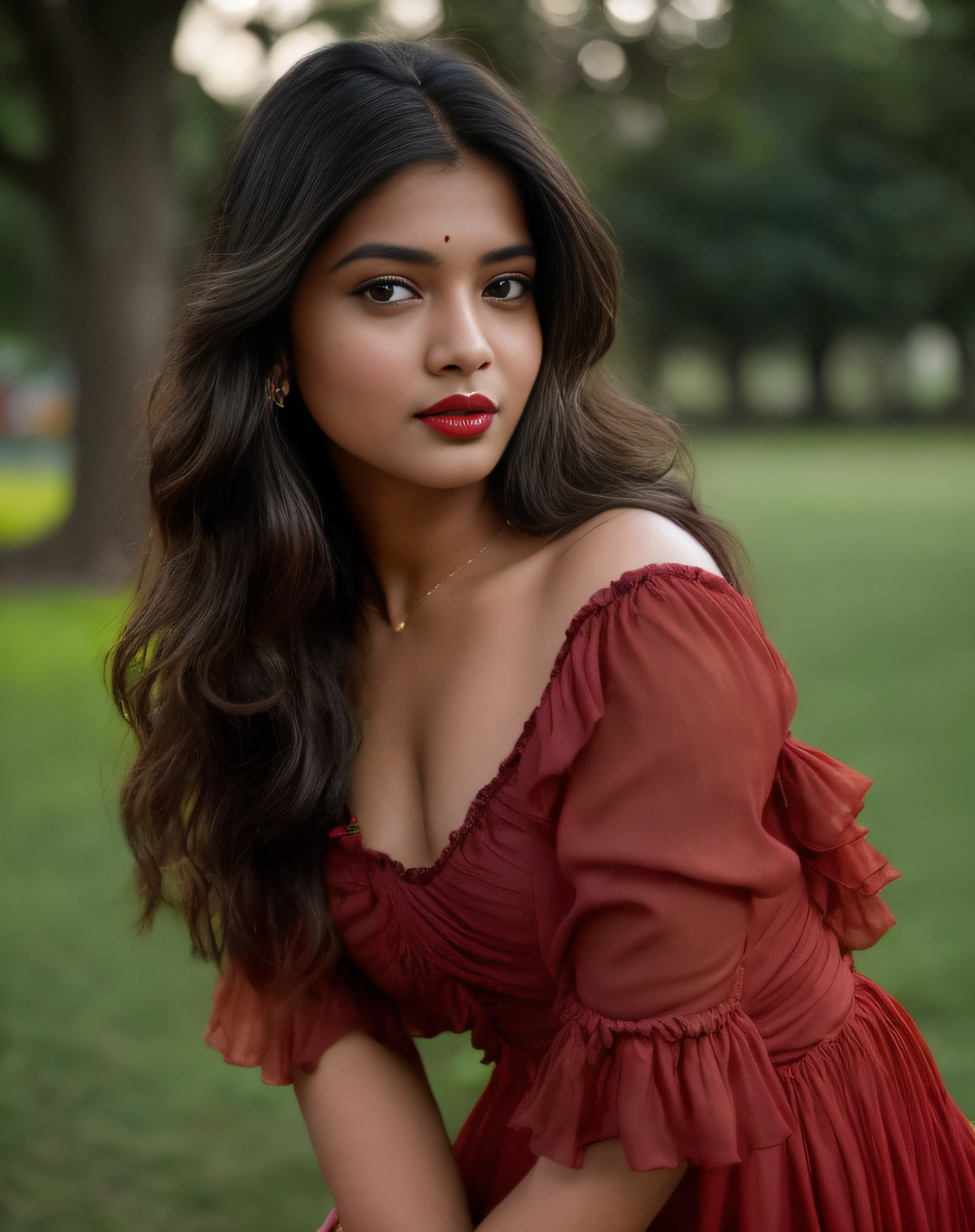 Young Indian woman, red top , garden, night, detailed body, detailed face, ultra realistic, charming, cute, big hazel eyes with long curly hair, perfect fingers, ambient lighting, winter, detailed background, 8k, face shot