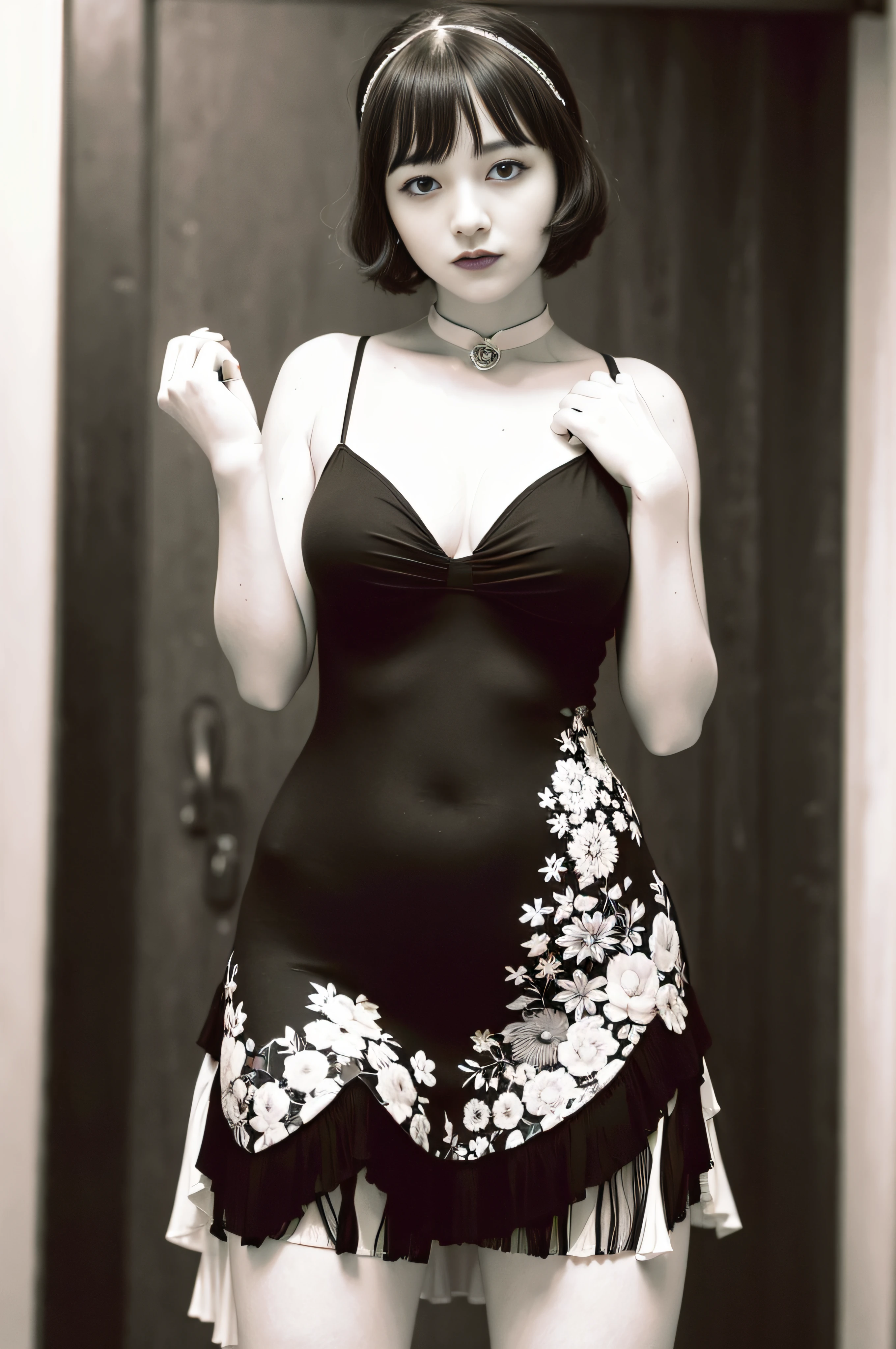 Woman posing for photo (wearing flapper_dress: 1.3), Good hands, 4K, high resolution, masterpiece, top quality, head: 1.3, (((Hasselblad photo)), fine detailed skin, sharp focus, (film lighting), collarbone, night, soft lighting, dynamic angle, [:( detail face: 1.2): 0.2], (((1920s bar, black and white photo))), outside