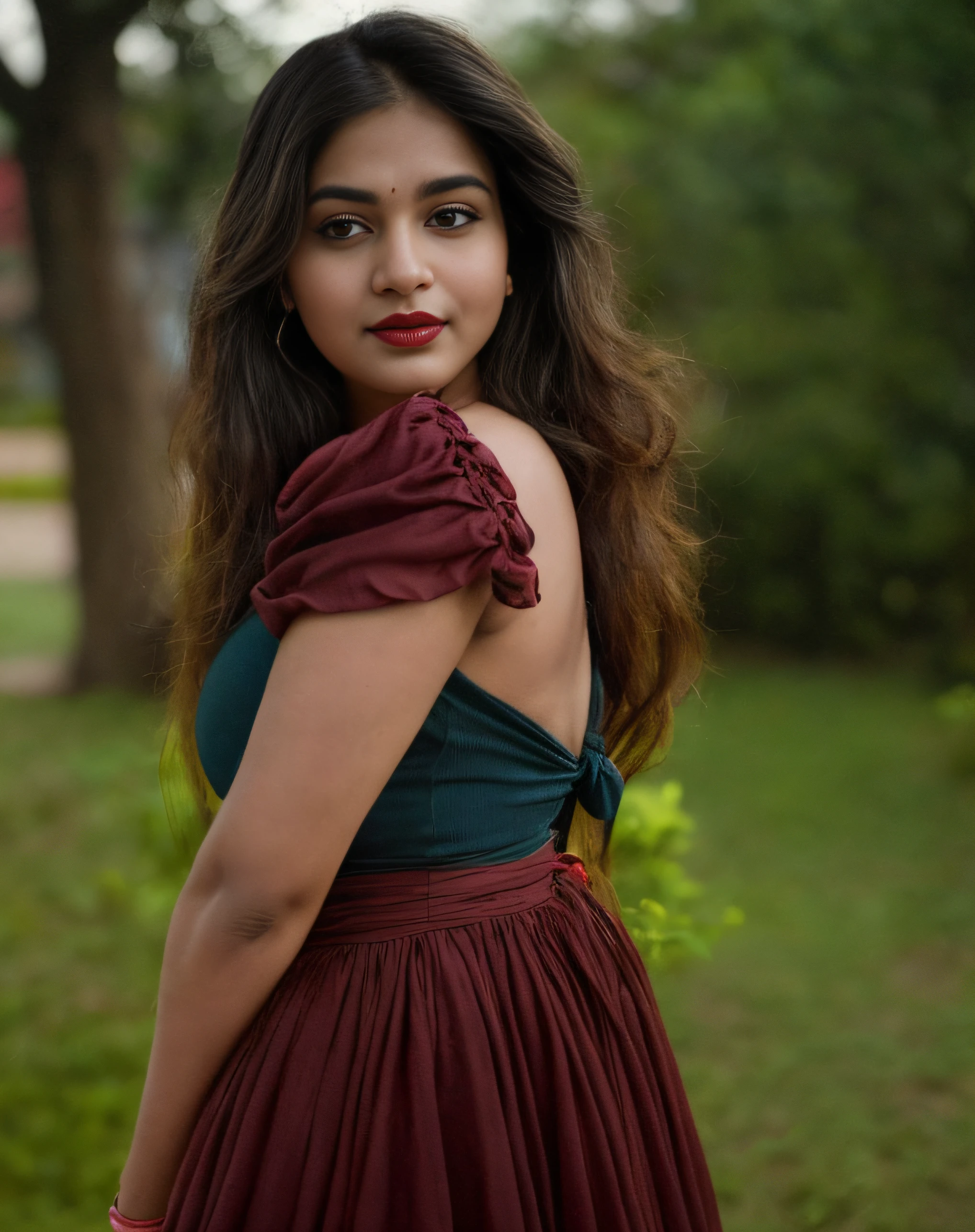 (editorial photograph of a young Indian woman with big boobs red lips)、karla ortiz, (highly detailed face:1.4) (smile:0.7) (backround park , moody, private study:1.3) POV, by lee jeffries, nikon d850, film stock photograph ,4 kodak portra 400 ,camera f1.6 lens ,rich colors ,hyper realistic ,lifelike texture, dramatic lighting , cinestill 800, realistic, wearing Black dobby weave self design fit & flare dress Sweetheart neck Short, puff sleeve Tie-up detail on back Above knee length in flounce hem Attached Lining Chiffon fabric, actress, karla ortiz, posing!!, candid picture, by Max Dauthendey,