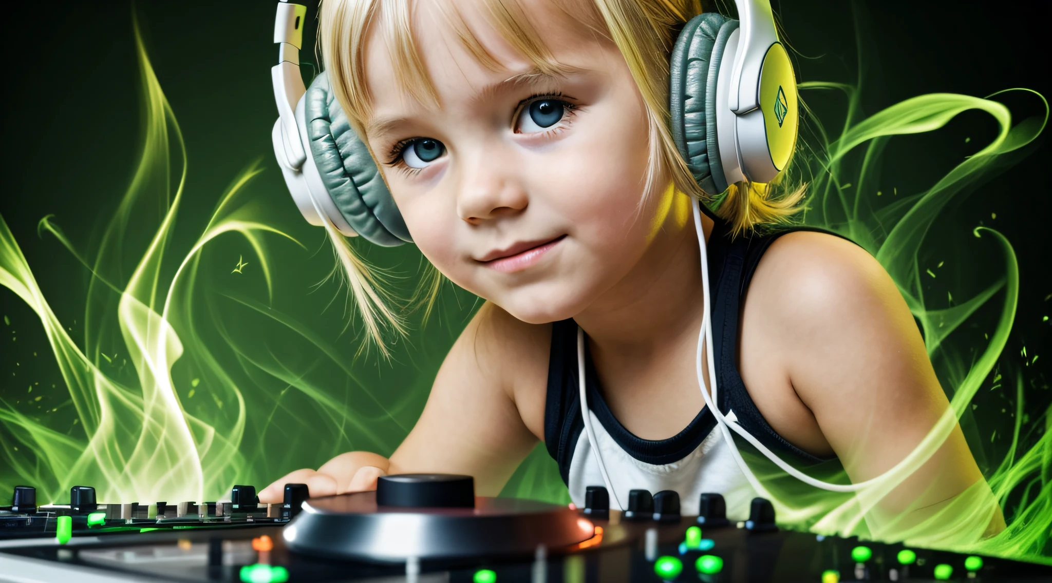 Image of a CHILD BLONDE girl with headphones playing music, Atom and Evil, DJ, fire and GREEN FIRE , FLAMME, BURN , FOGO, GREEN, VERDE.