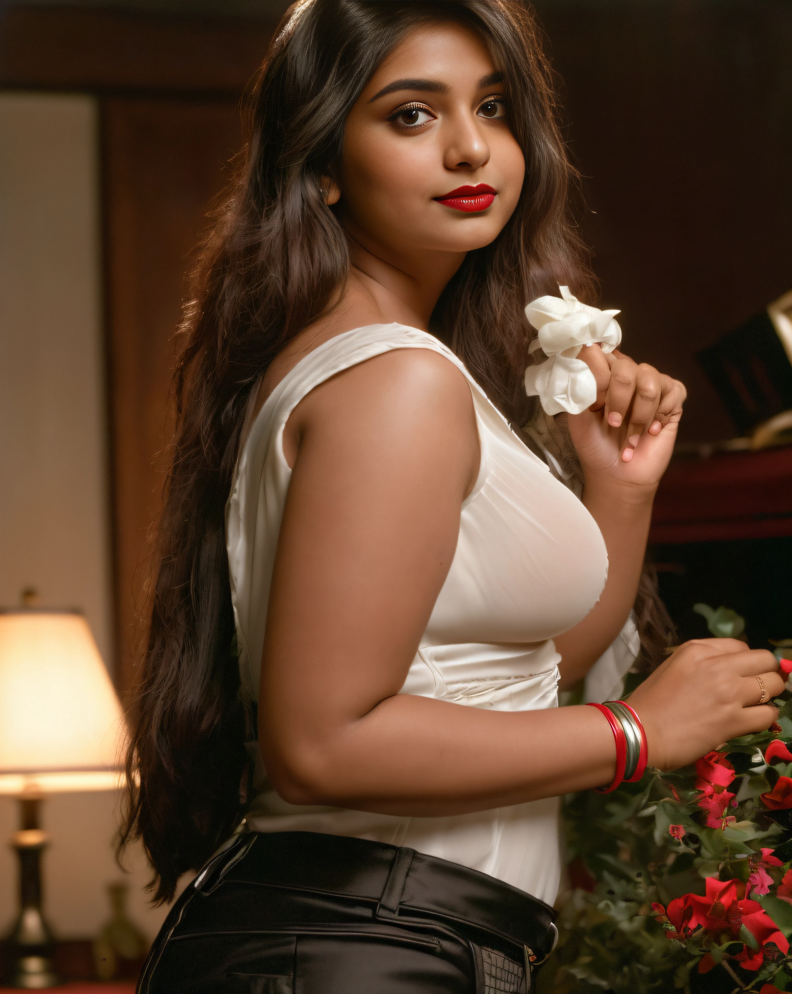 (editorial photograph of a young Indian woman with big boobs red lips)、karla ortiz, (highly detailed face:1.4) (smile:0.7) (backround park , moody, private study:1.3) POV, by lee jeffries, nikon d850, film stock photograph ,4 kodak portra 400 ,camera f1.6 lens ,rich colors ,hyper realistic ,lifelike texture, dramatic lighting , cinestill 800, realistic, wearing Black dobby weave self design fit & flare dress Sweetheart neck Short, puff sleeve Tie-up detail on back Above knee length in flounce hem Attached Lining Chiffon fabric, actress, karla ortiz, posing!!, candid picture, by Max Dauthendey,