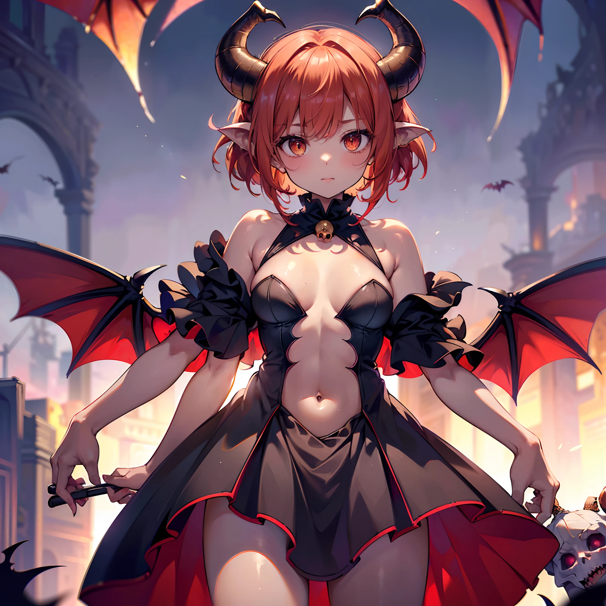 (Extremely detailed CG octane rendering 8K wallpaper), most beautiful artwork in the world, GITSEllie looks at the entire lens body of the camera, (NSFW:0.75), Full dynamic color, Intricate, High detail, Sharp focus, ((Demons in Hell,Twisty Devil's Corner,Brown skin,Tall body:1.3)),(Red hair,gold eyes),((She has a goat's skull on her head,Flames flickered on the surface of the garment,Tiny demonic bat wings hide on their backs:1.25)),((Sexy succubus dress,External navel incision,The upper thorax is cut outward:1.3)),Volcano and gray fog in background,Gloomy gray sky