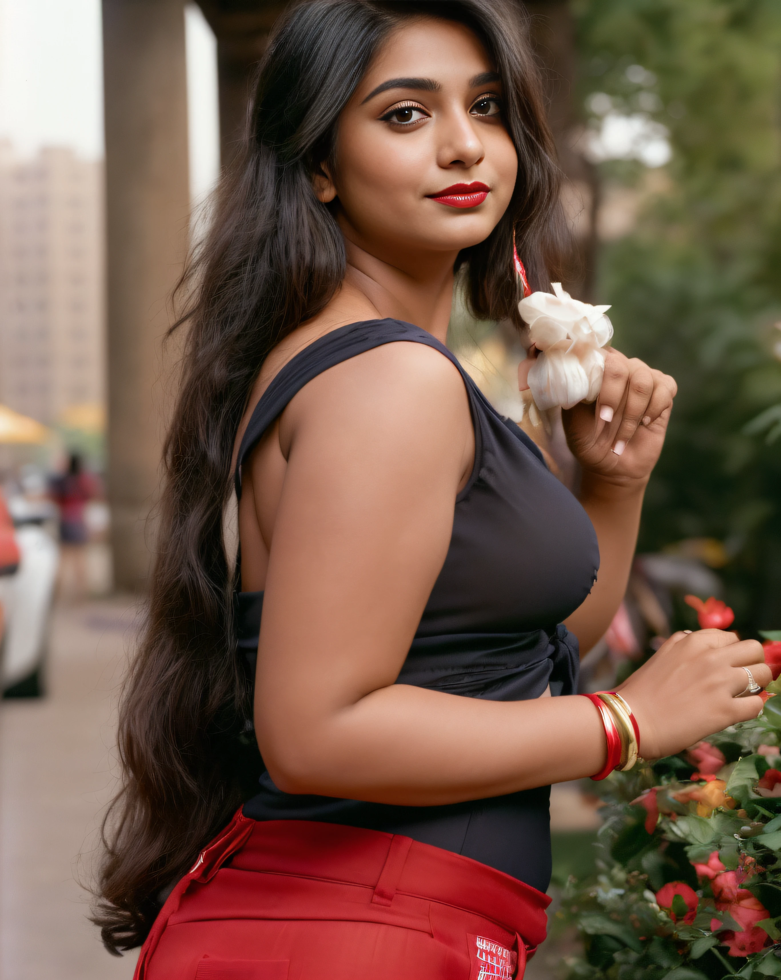 (editorial photograph of a young Indian woman with big boobs red lips)、karla ortiz, (highly detailed face:1.4) (smile:0.7) (backround park , moody, private study:1.3) POV, by lee jeffries, nikon d850, film stock photograph ,4 kodak portra 400 ,camera f1.6 lens ,rich colors ,hyper realistic ,lifelike texture, dramatic lighting , cinestill 800, realistic, wearing Black dobby weave self design fit & flare dress Sweetheart neck Short, puff sleeve Tie-up detail on back Above knee length in flounce hem Attached Lining Chiffon fabric, actress, karla ortiz, posing!!, candid picture, by Max Dauthendey,