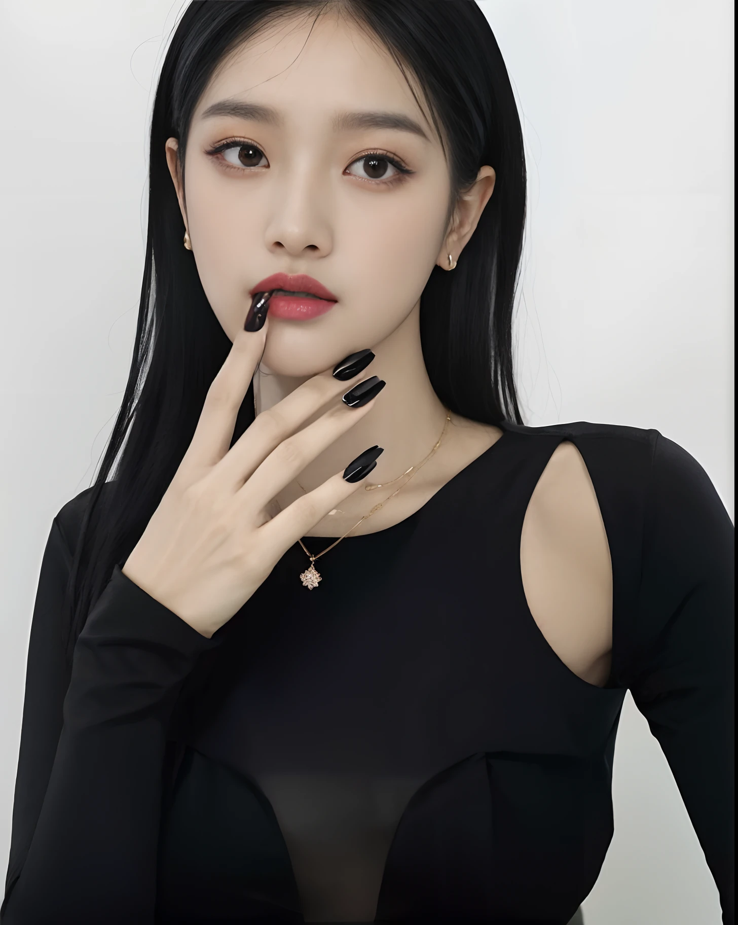 A close-up of a woman with long black nails and a black blouse, cruel korean goth girl, con negro, Jinyoung Shin, ulzzang, Heonhwa Choe, Jisoo de Blackpink, Ropa negra, Jossi de Blackpink, Jaeyeon Nam, Ropa vestida de negro, Retrato de Jossi de Blackpink, Chica coreana, Jisoo de Blackpink, Bae Suzy