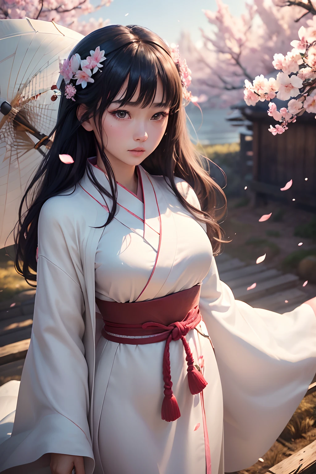 (A logo、​masterpiece、8K、masutepiece、Raw photo、Fantastic、Best Quality、Photorealistic、extremely detailed CG unified 8k wallpaper、hightquality、ighly detailed、epic poem、Particle effect、Dynamic effects、depth of fields、Cinematic Light、Lens Flare、Ray tracing)、Fantasia、 (1 beautiful woman in a white coat、robe blanche、Japanese dress、A dark-haired、Beautiful face、Real Face、Beautiful detail eyes、Beautiful skin)、Hair flutters in the wind、Hair jumps、Pink cherry blossom tree、Petals flutter、Sakura blizzard、Superb view、morning glow、Sun in the background、the wind、Deities、tusk、myth、Vast Land、