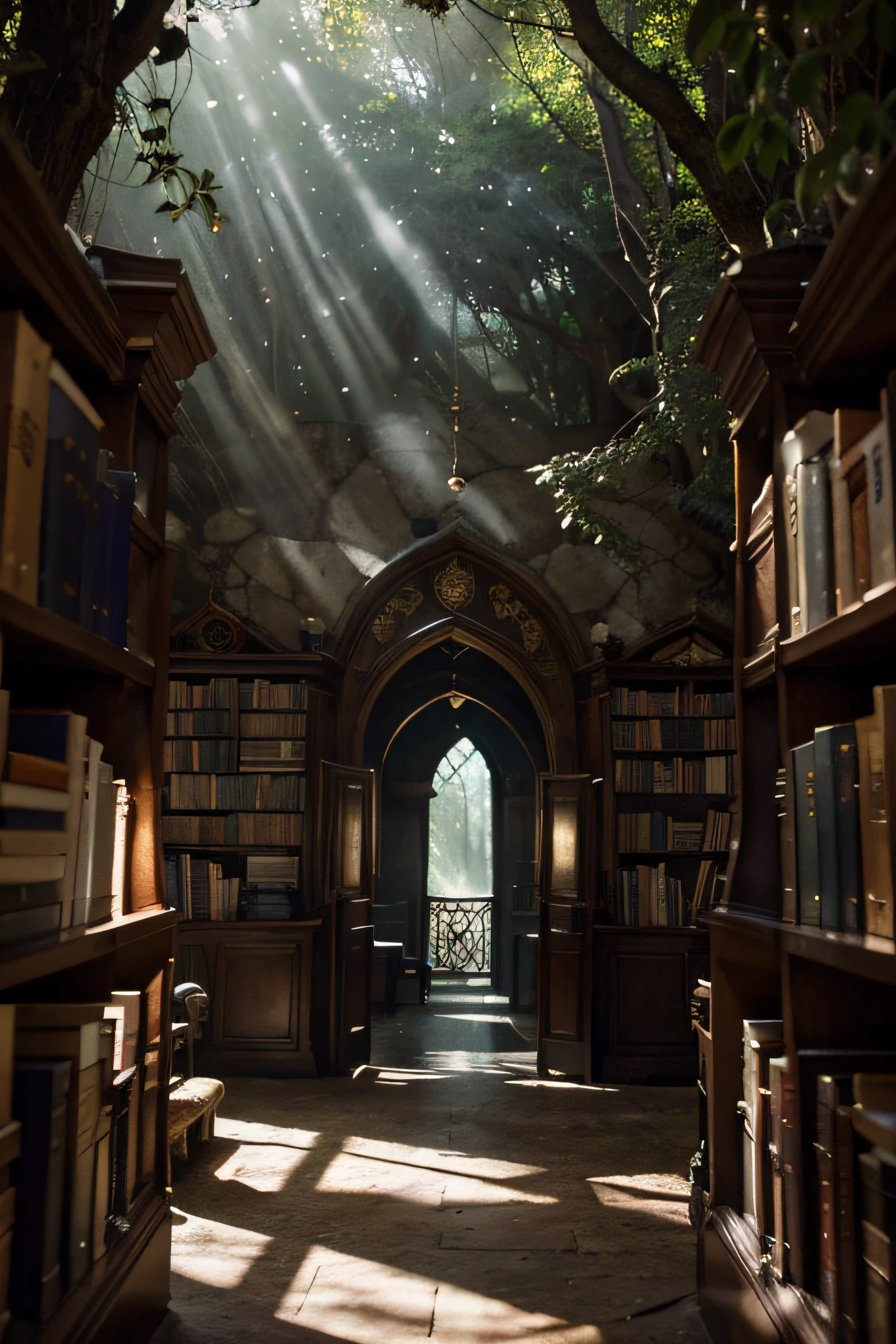 Inside Enchanted Magical Library, Its shelves are adorned with books shimmering with untold secrets and the silent murmurs of hidden yearnings, Large beautiful Librarywith shimmering, glowing books, Magical, sparkling walls,fantasy,Leonora Carrington,a fantasy forest,Hazy perspective,sunlight filtering through the trees,Rich in color,assignment,light and shadow effect,k hd,tmasterpiece,Detailed details,depth of fields, fantasy, whimsical